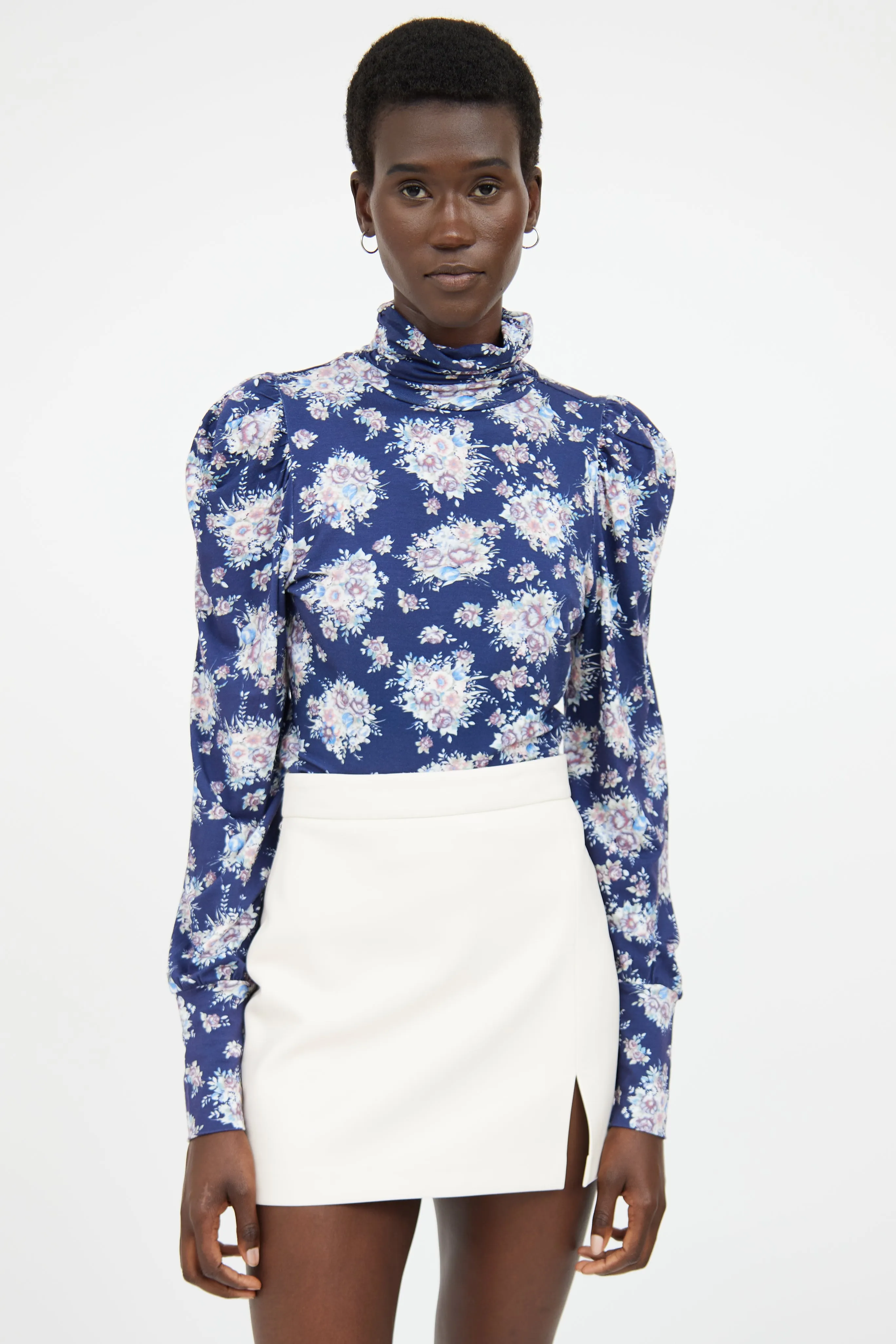 Blue Floral Highneck Long Sleeve Top