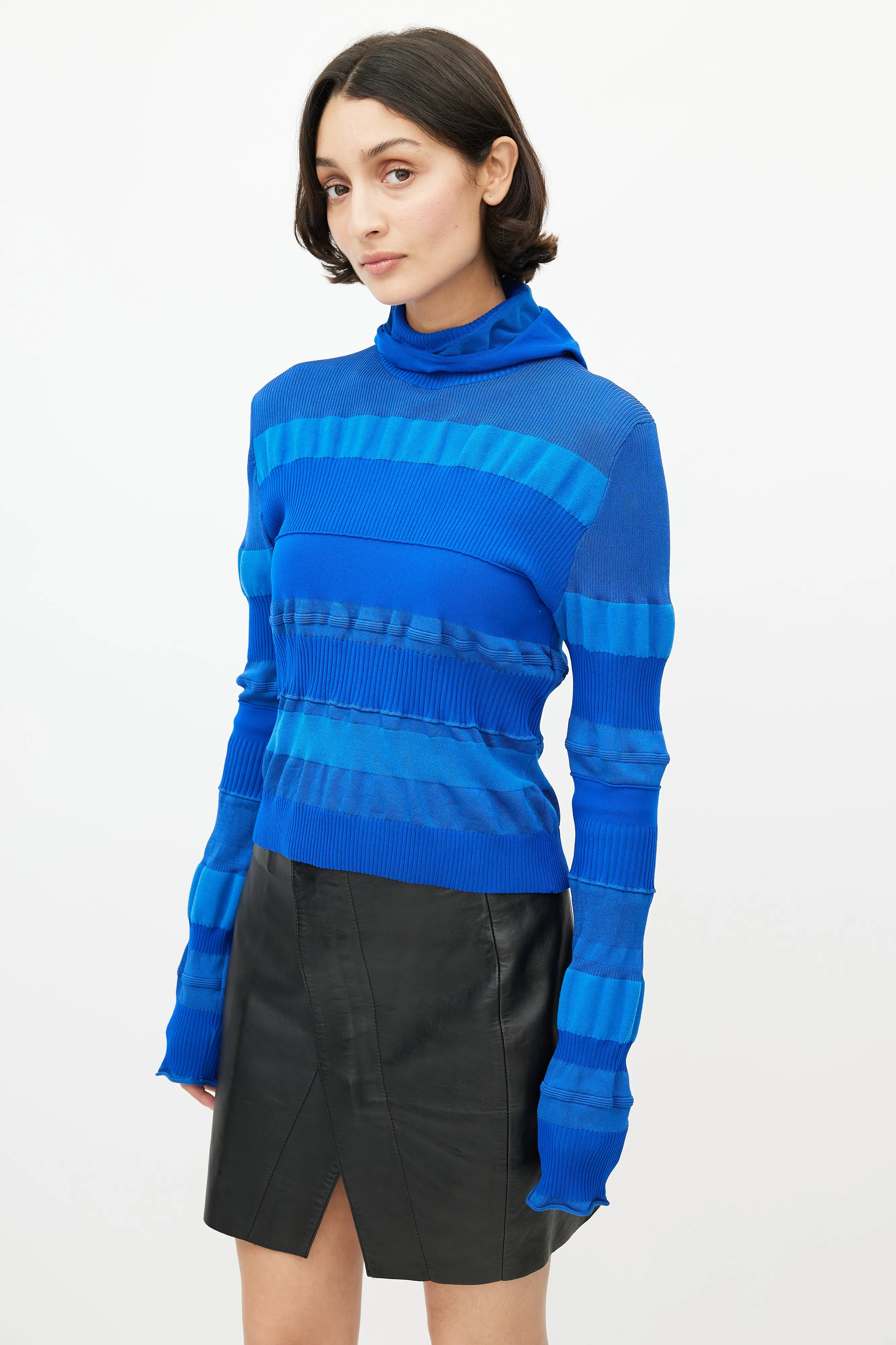 Blue Ribbed Hooded Knit Top