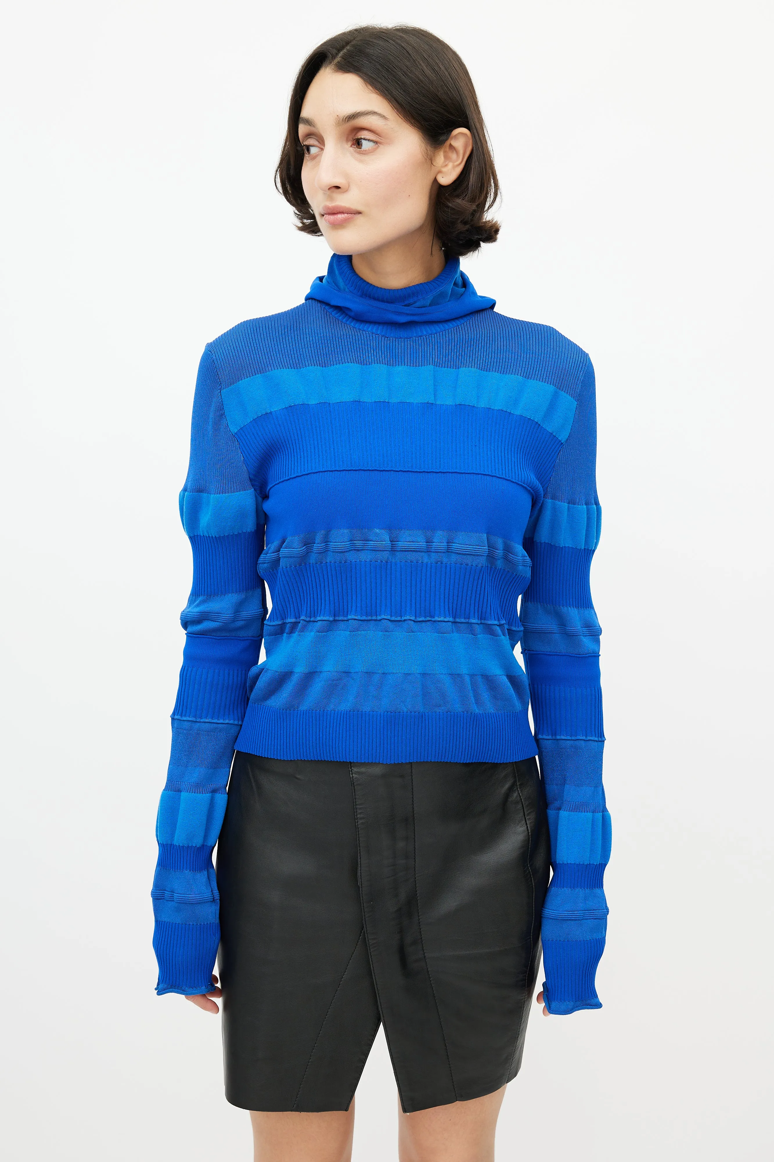 Blue Ribbed Hooded Knit Top