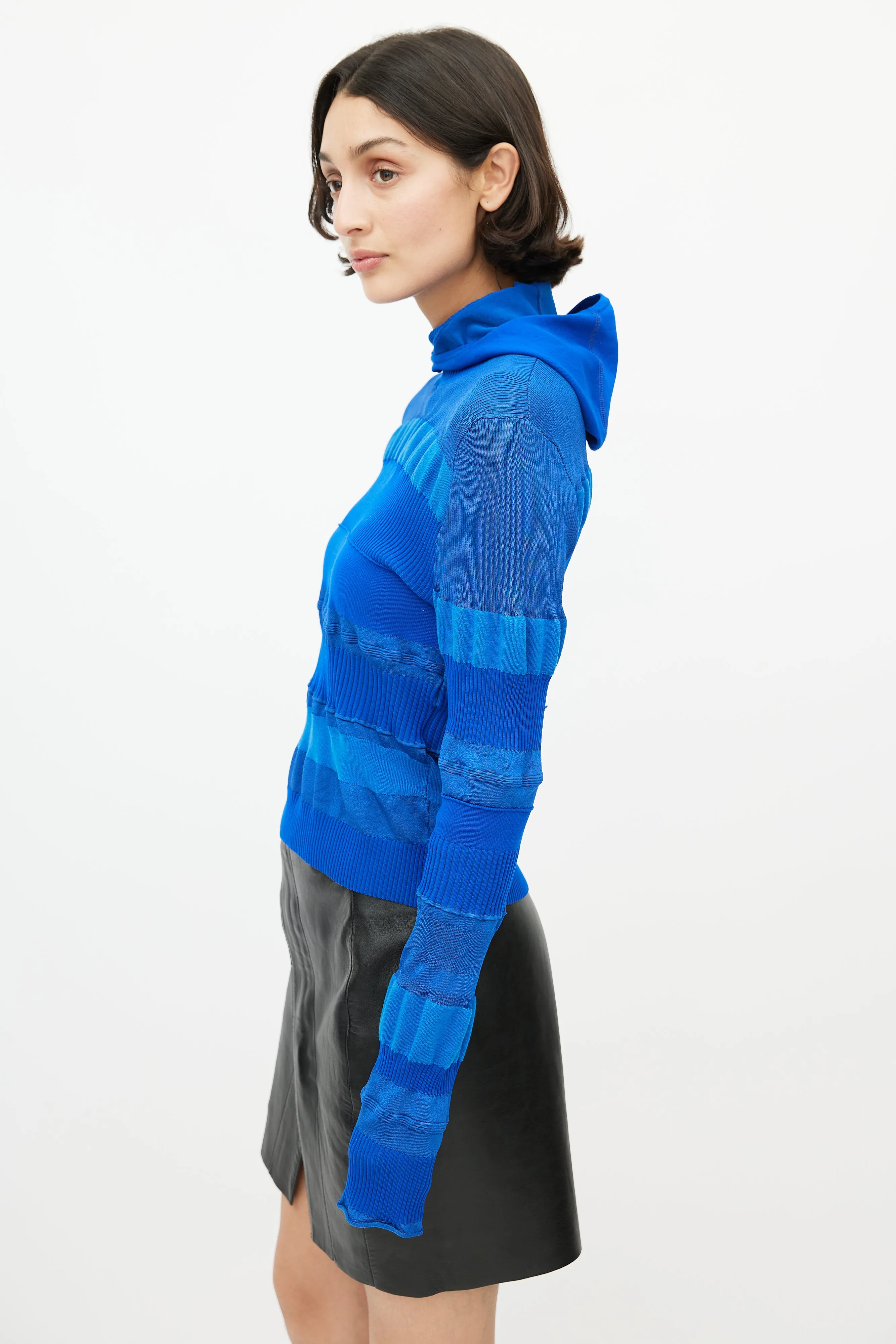 Blue Ribbed Hooded Knit Top