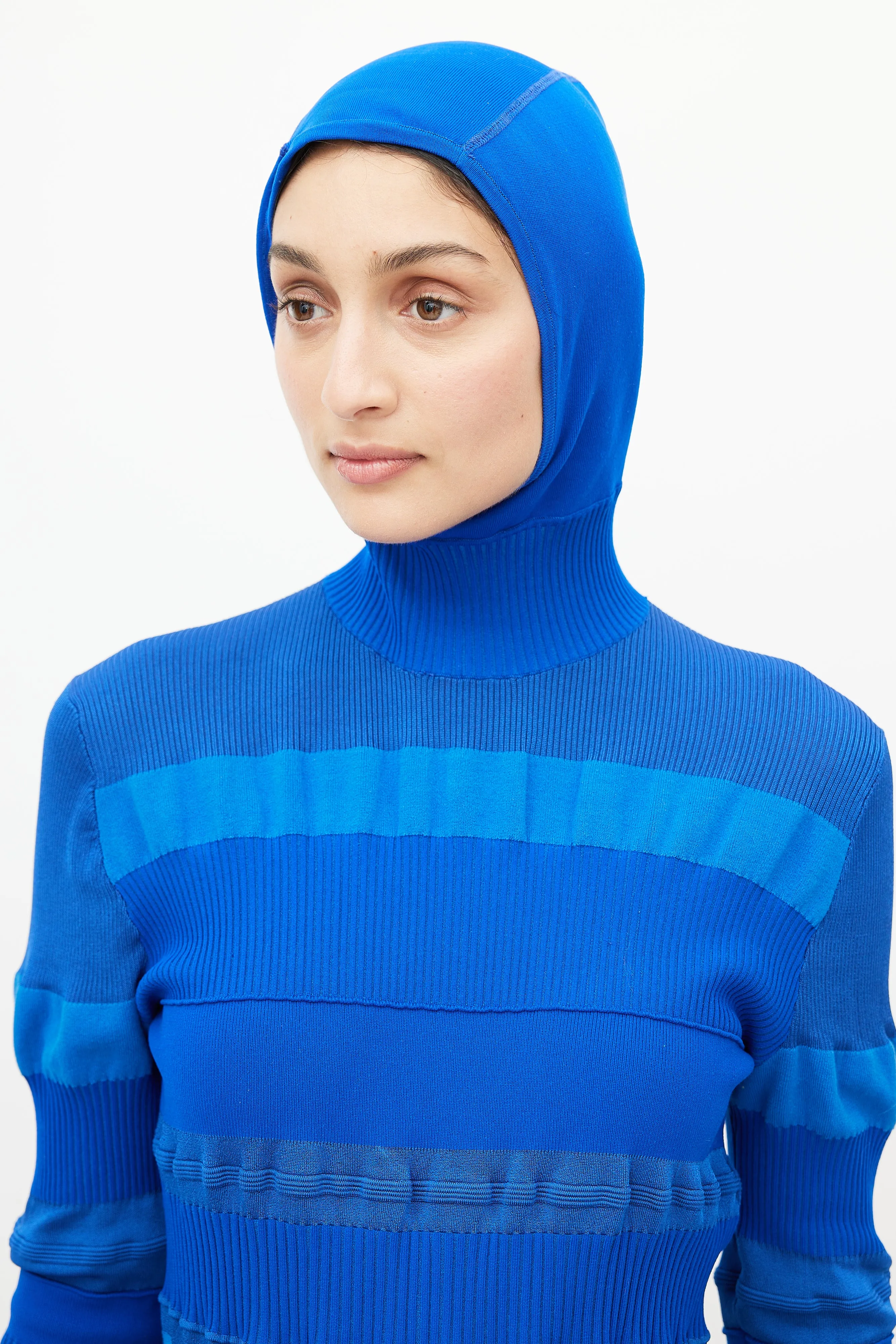 Blue Ribbed Hooded Knit Top