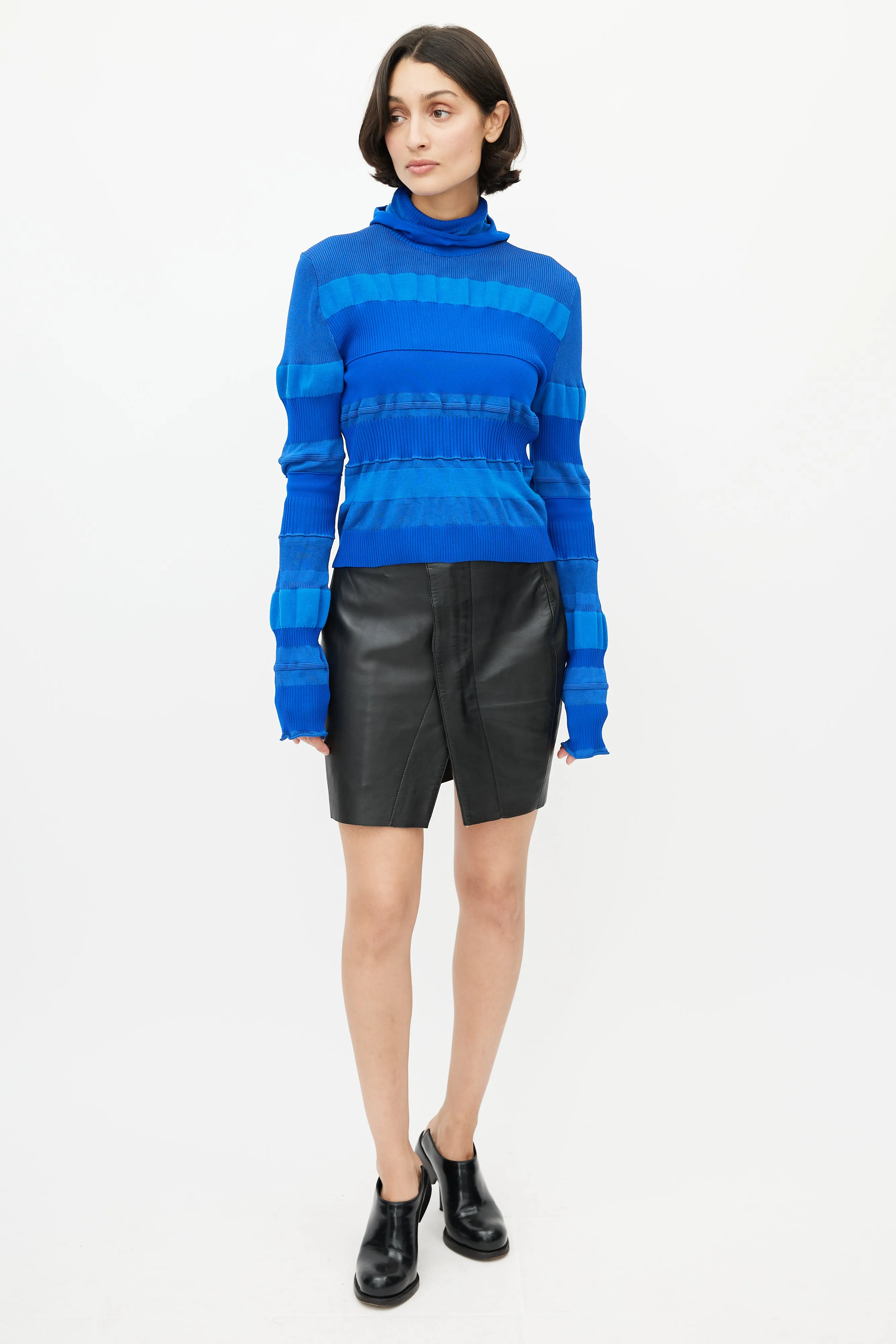 Blue Ribbed Hooded Knit Top