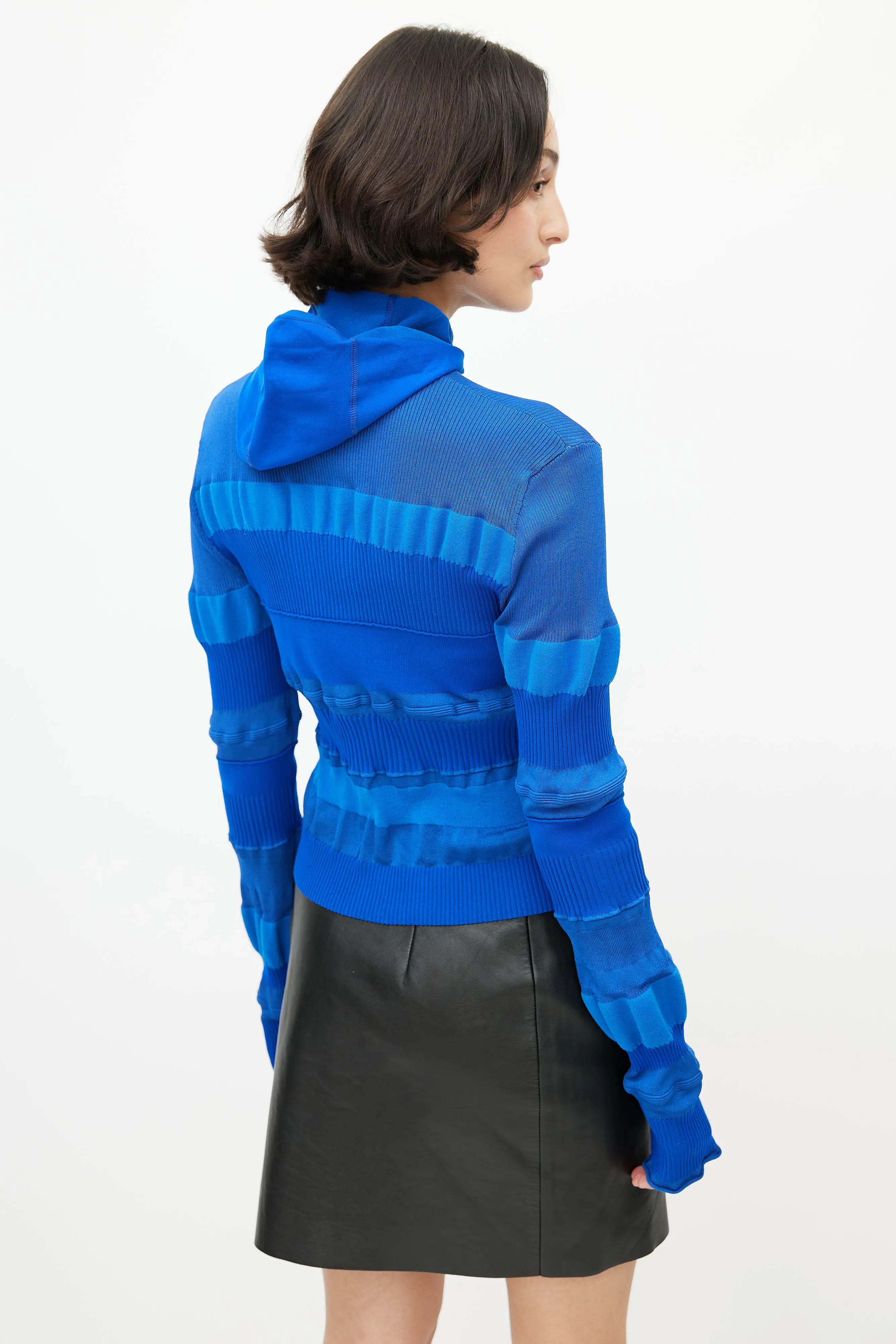 Blue Ribbed Hooded Knit Top