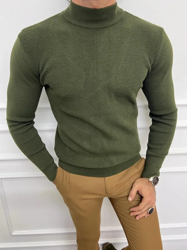 Bojoni Astoria Green Slim Fit Mock Turtleneck Sweater