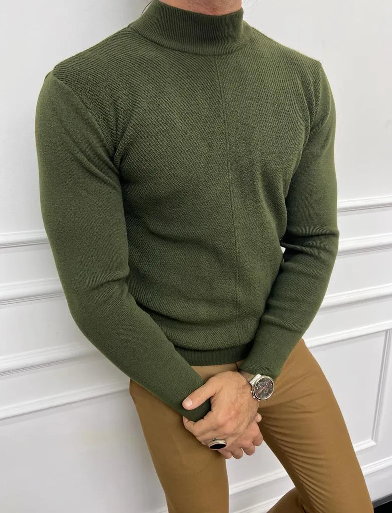 Bojoni Astoria Green Slim Fit Mock Turtleneck Sweater