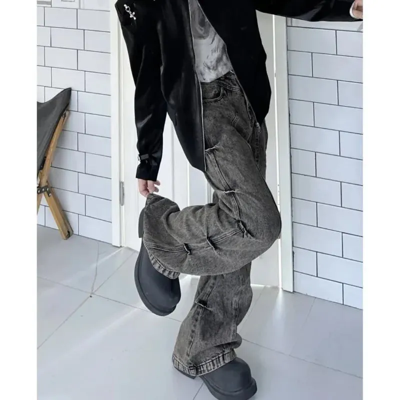 Bonnyshow Gothic Vintage Women's Flared Jeans Black Stacked Y2k Streetwear Denim Pants Grunge Korean Fashion Trousers 90s Aesthetic