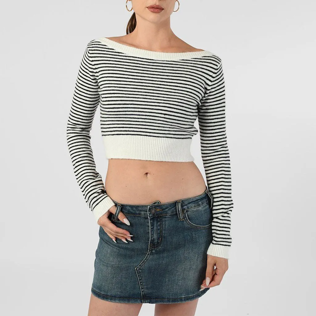 Breton Stripe Boat Neck Long Sleeve Ribbed Knit Crop Pullover Sweater