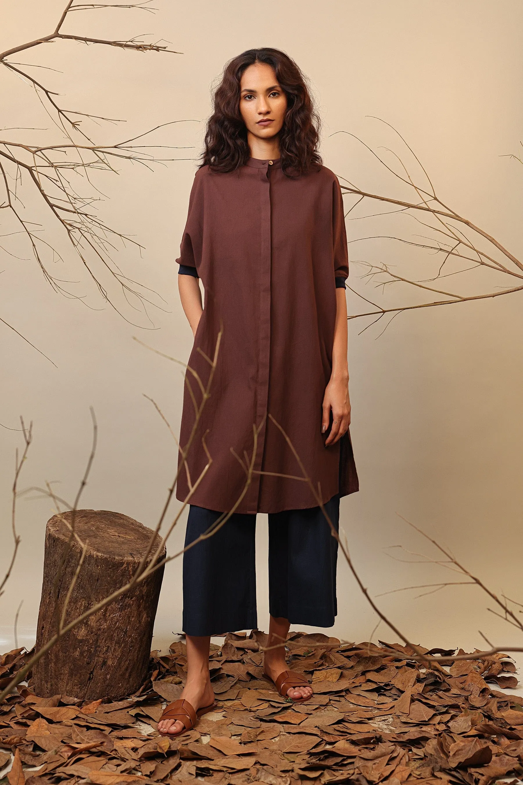 Brown & Blue Shirt Tunic Set (2 PCS)