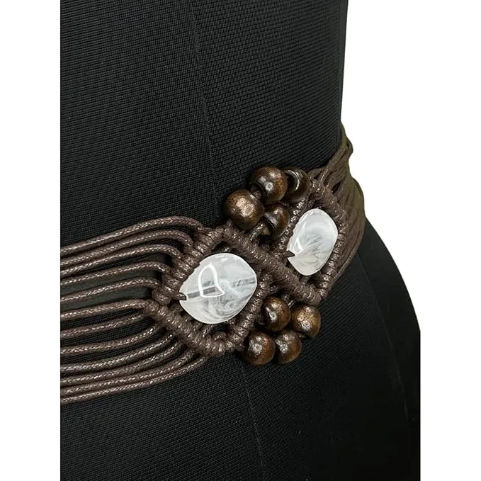 Brown Macrame Belt with White Beads