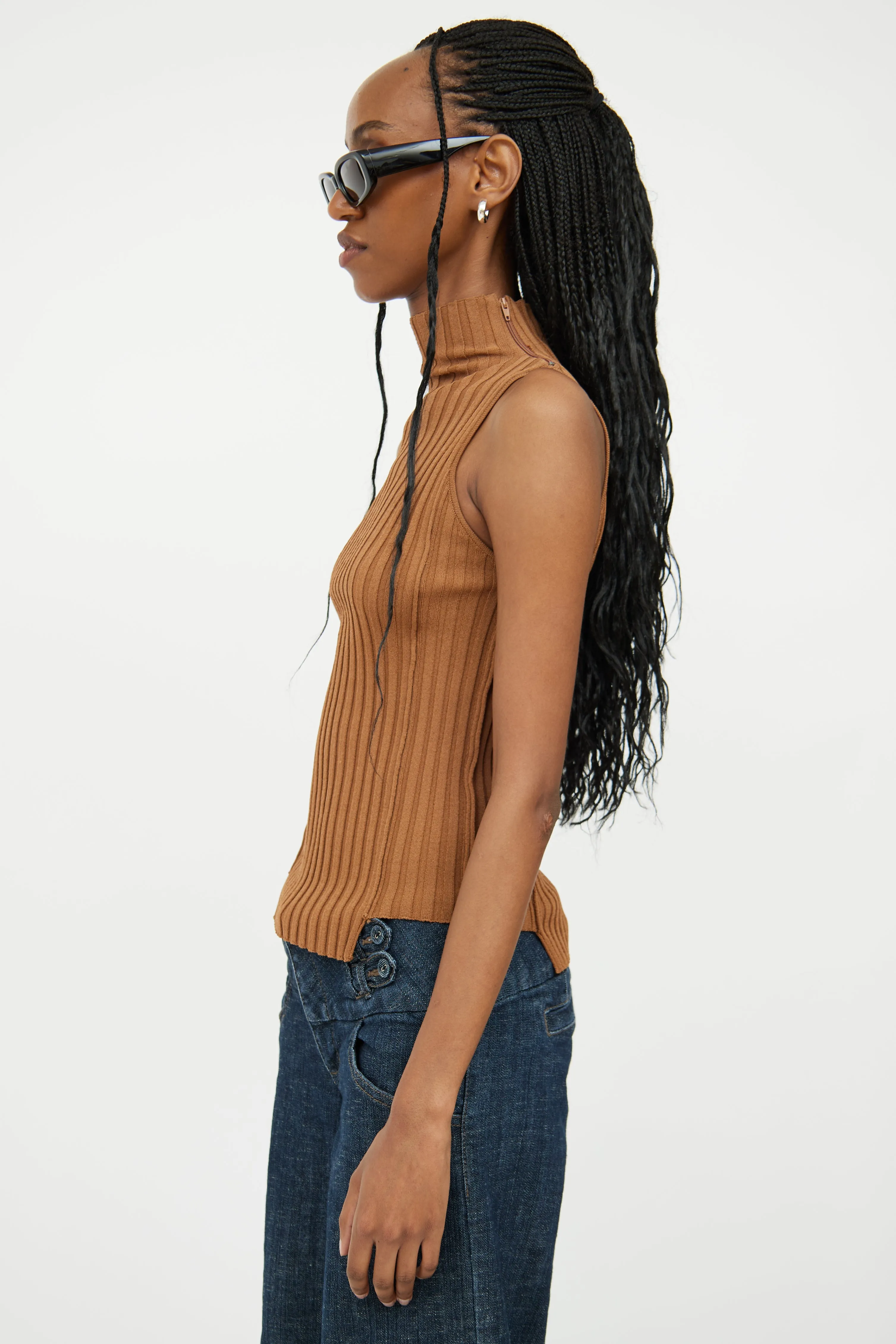 Brown Ribbed Sleeveless Top