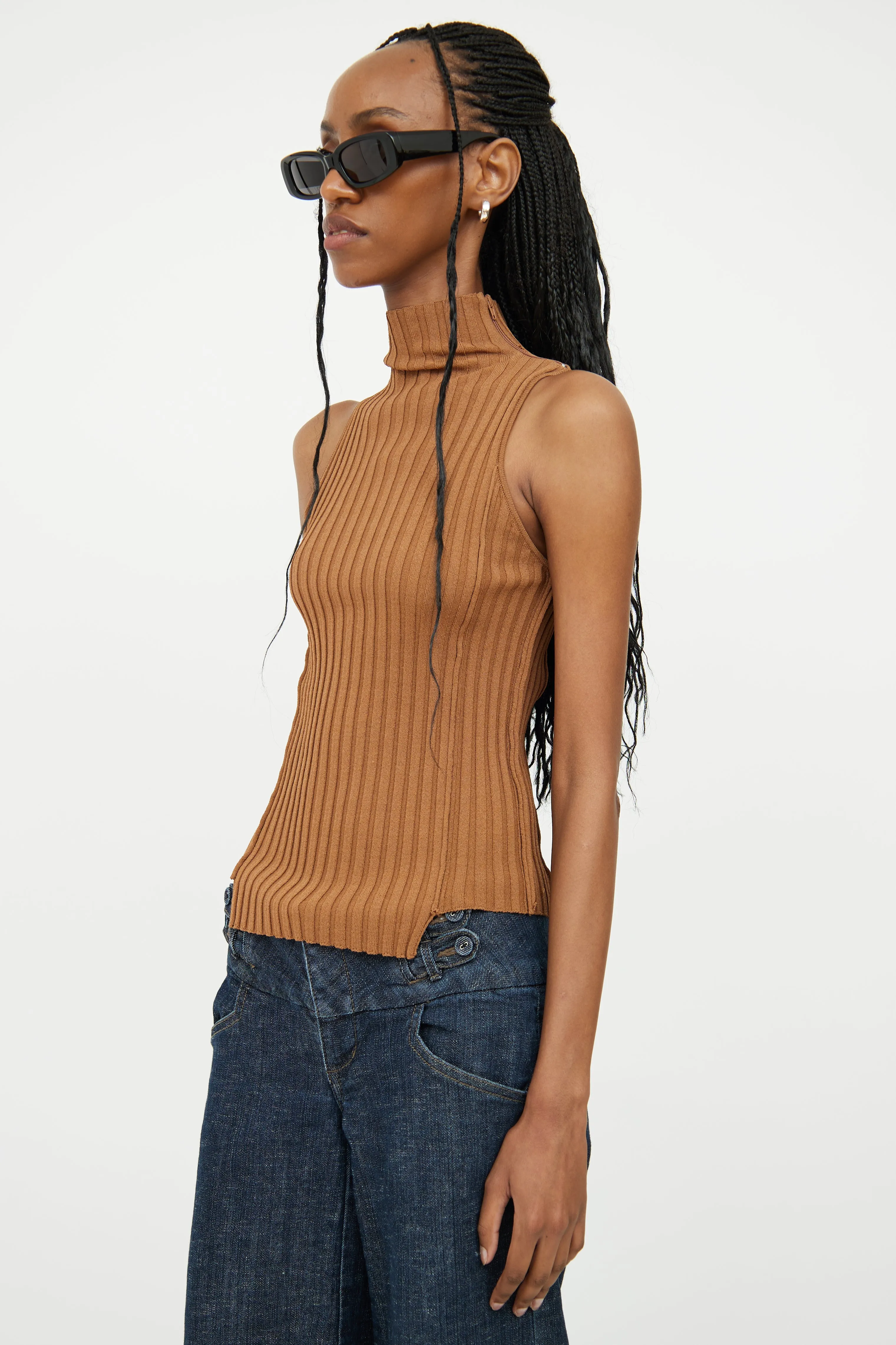 Brown Ribbed Sleeveless Top