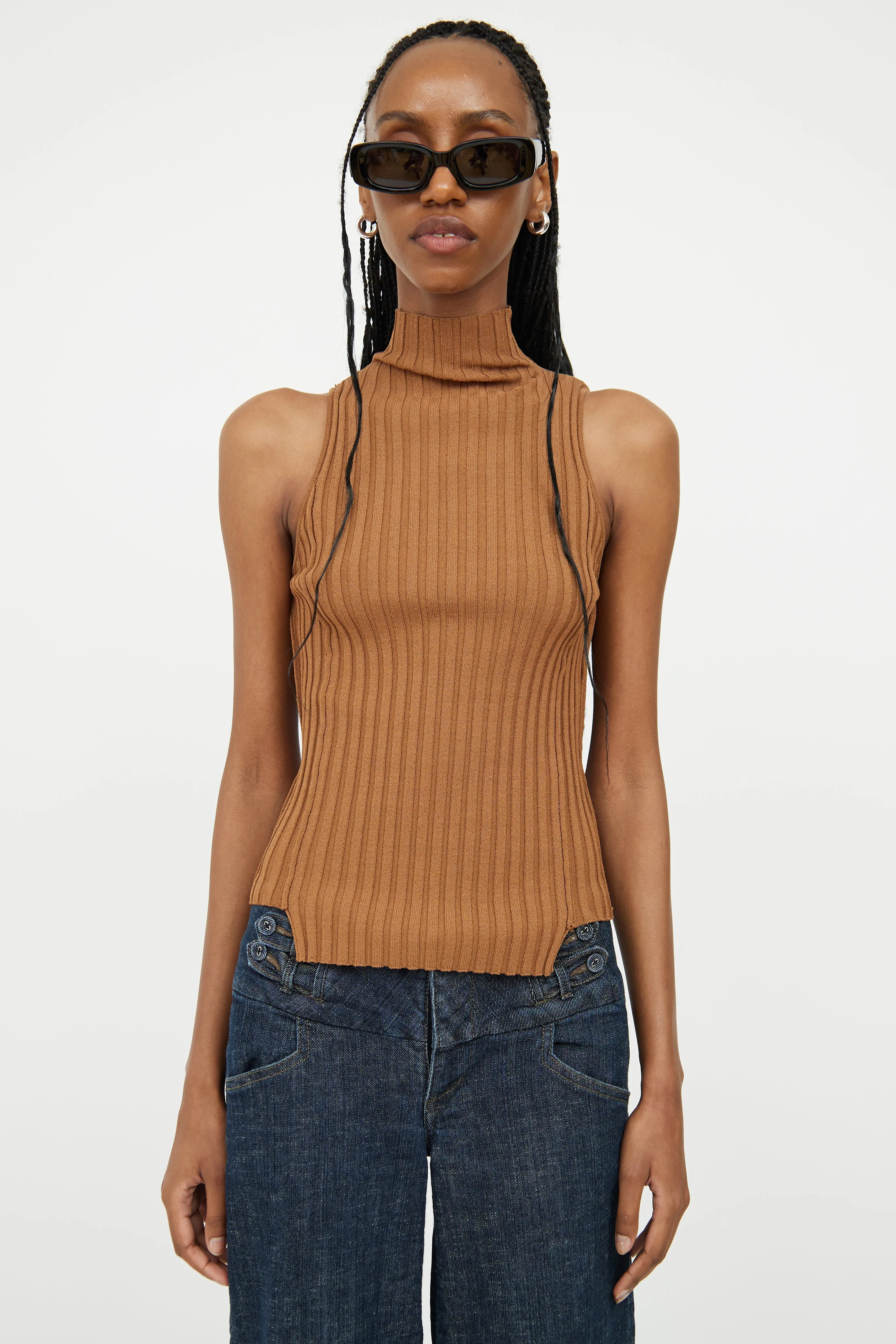 Brown Ribbed Sleeveless Top