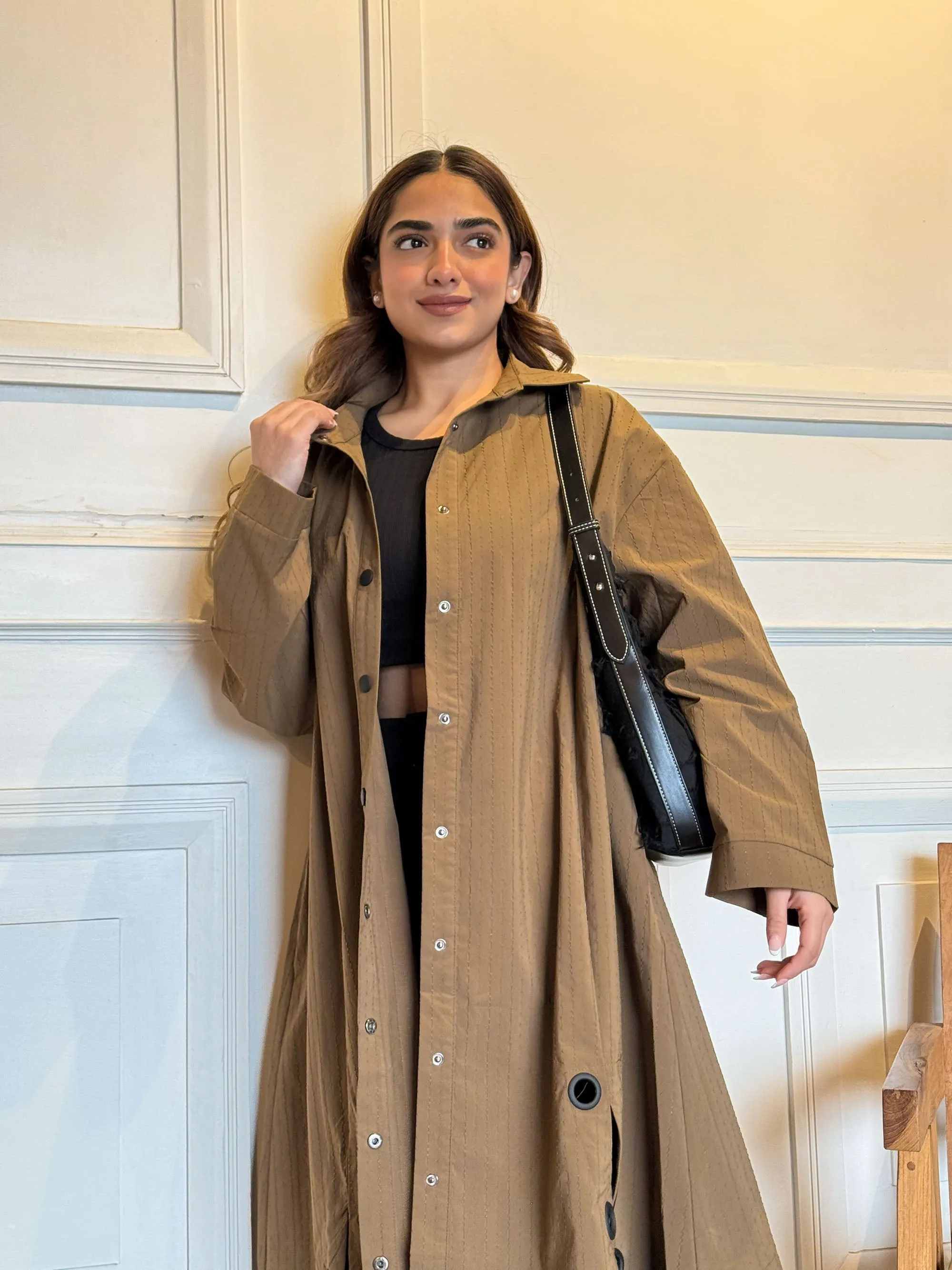 Brown Textured Eyelet Streetwear Trench Coat