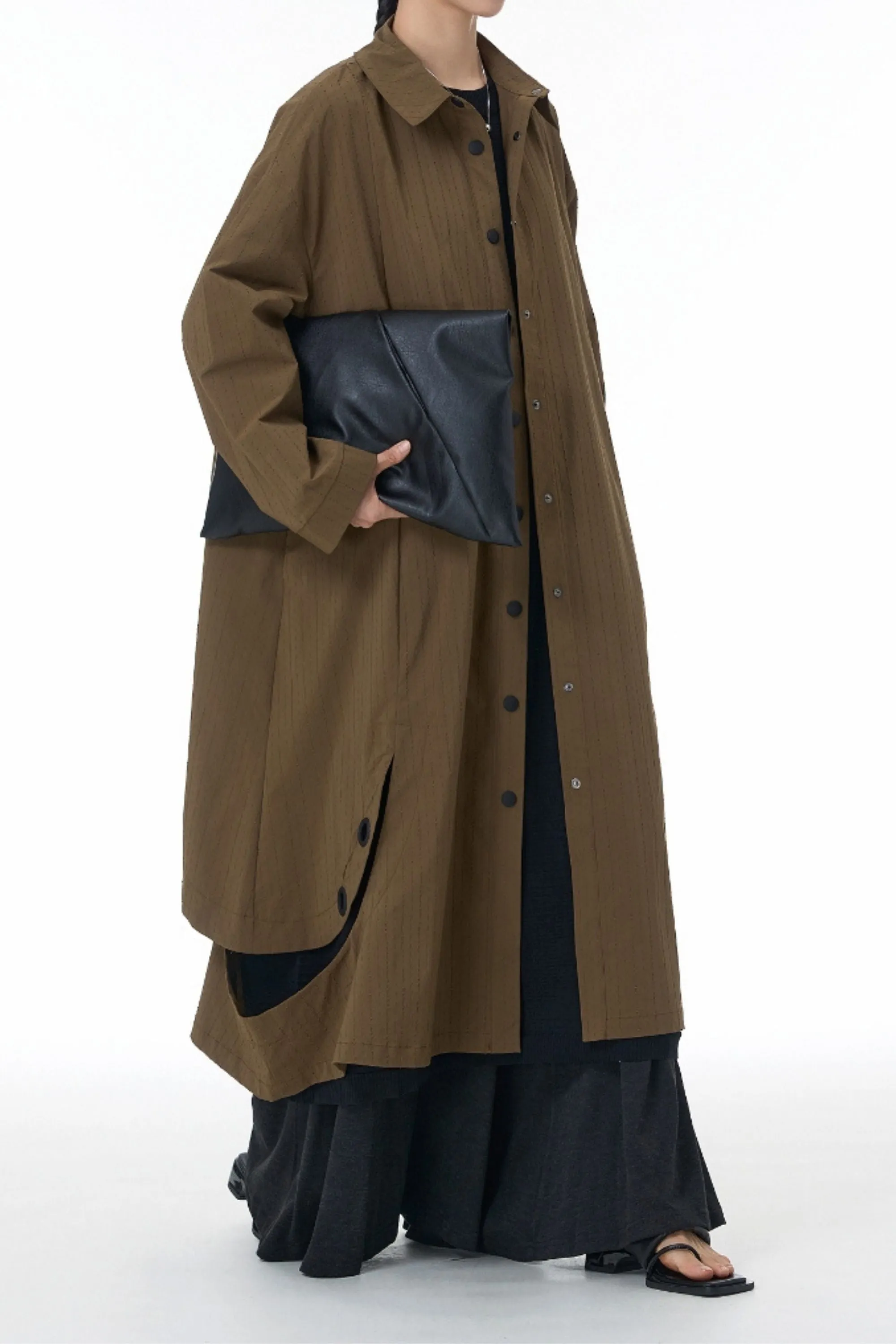 Brown Textured Eyelet Streetwear Trench Coat