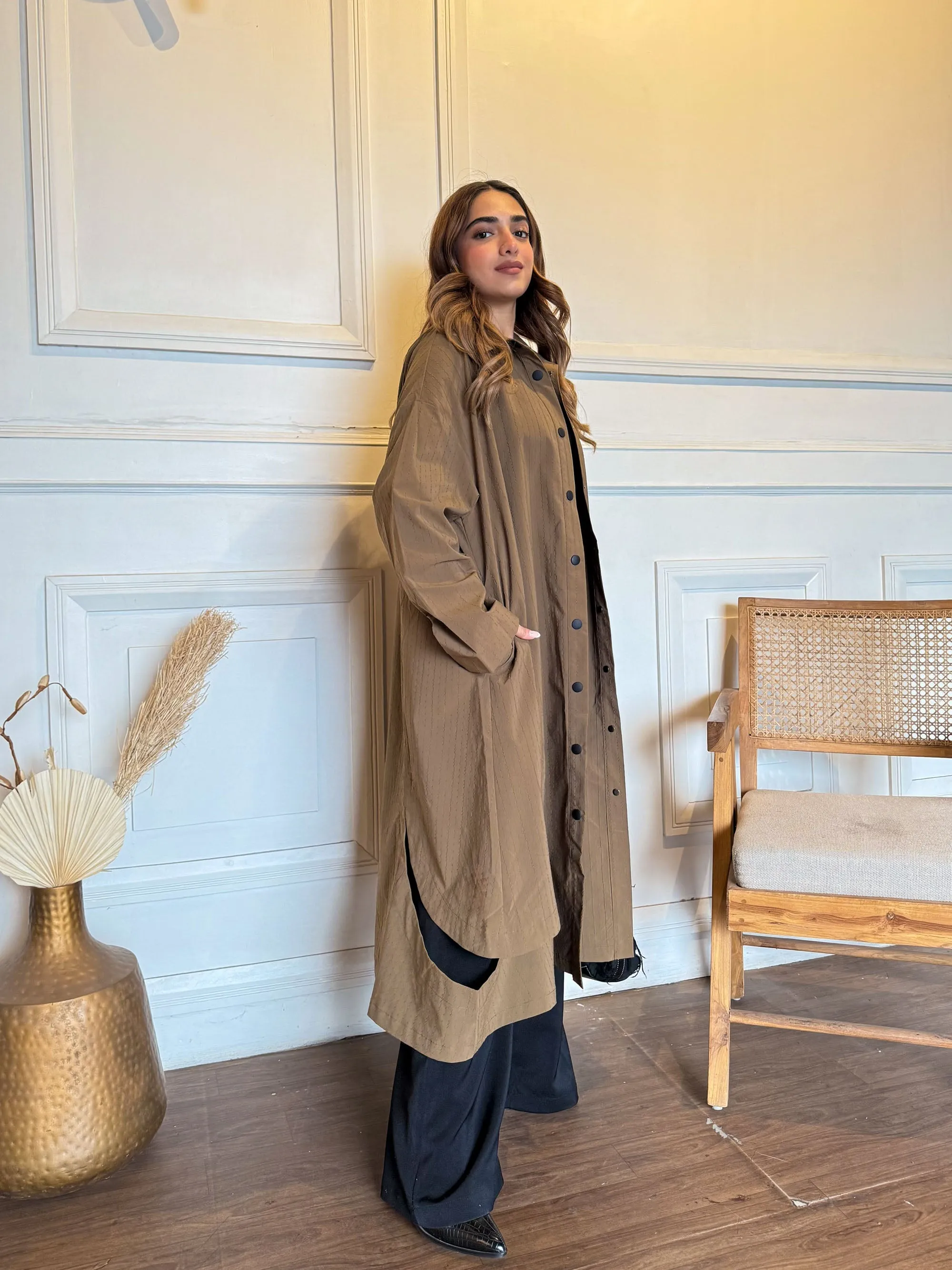 Brown Textured Eyelet Streetwear Trench Coat