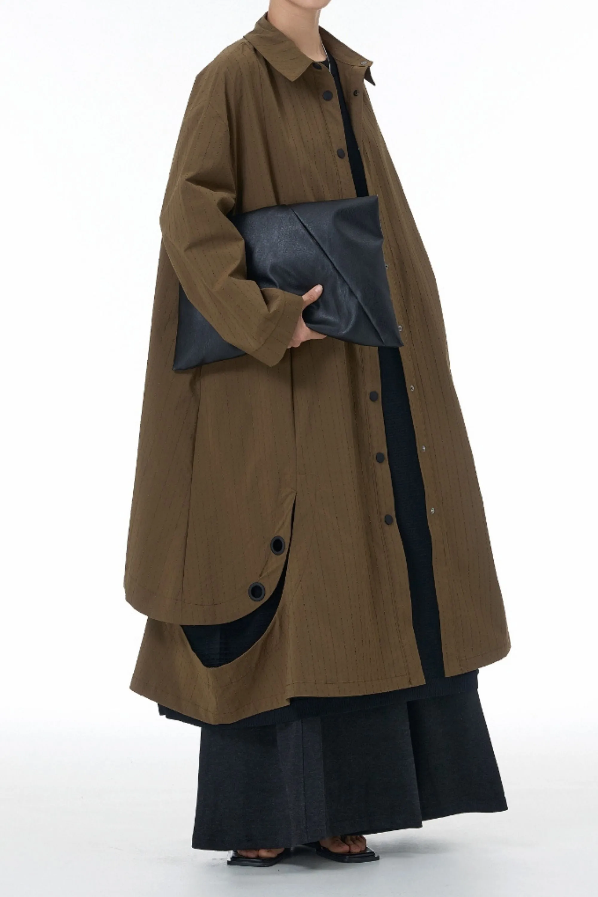 Brown Textured Eyelet Streetwear Trench Coat