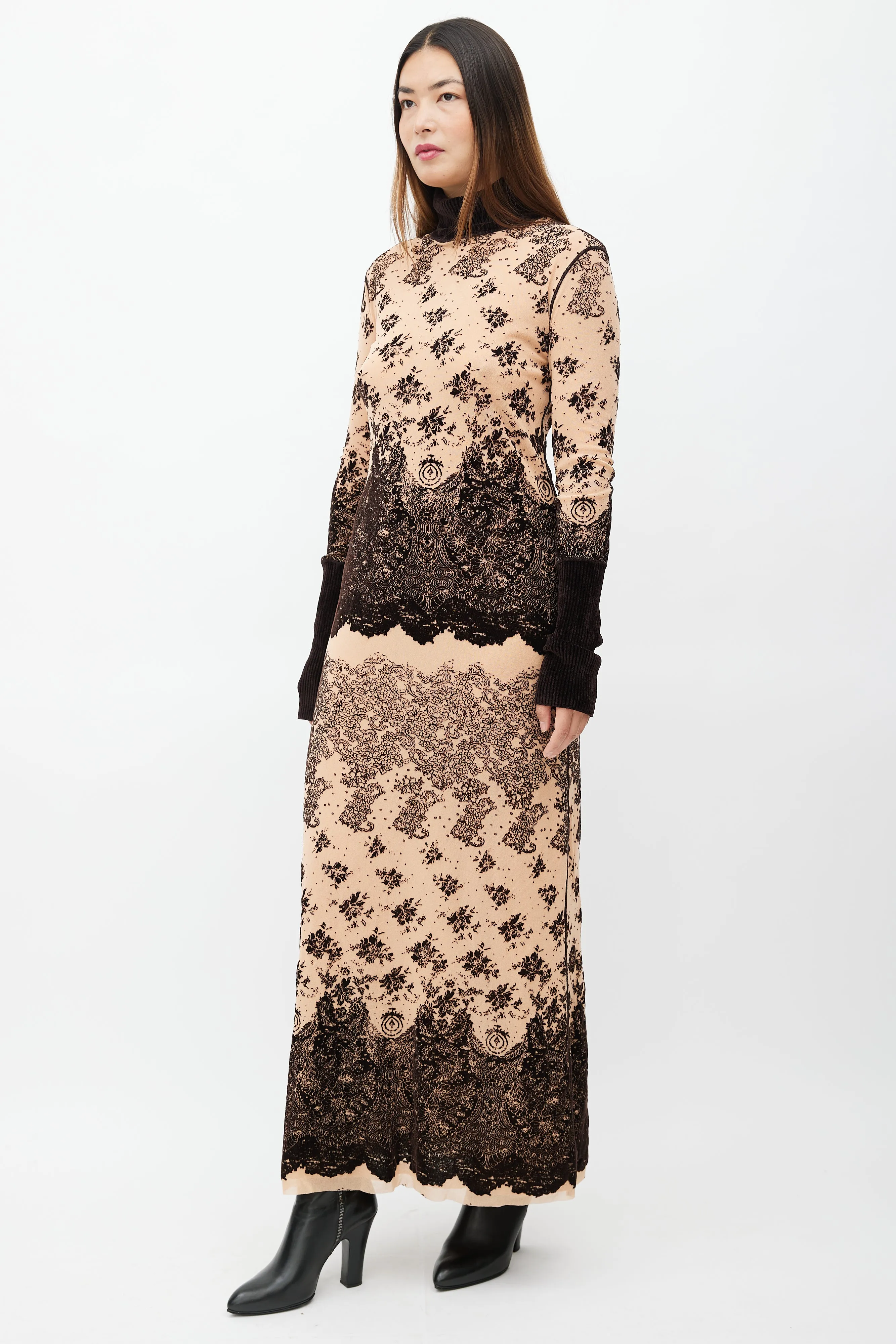 Brown Velvet & Beige Mesh Dress