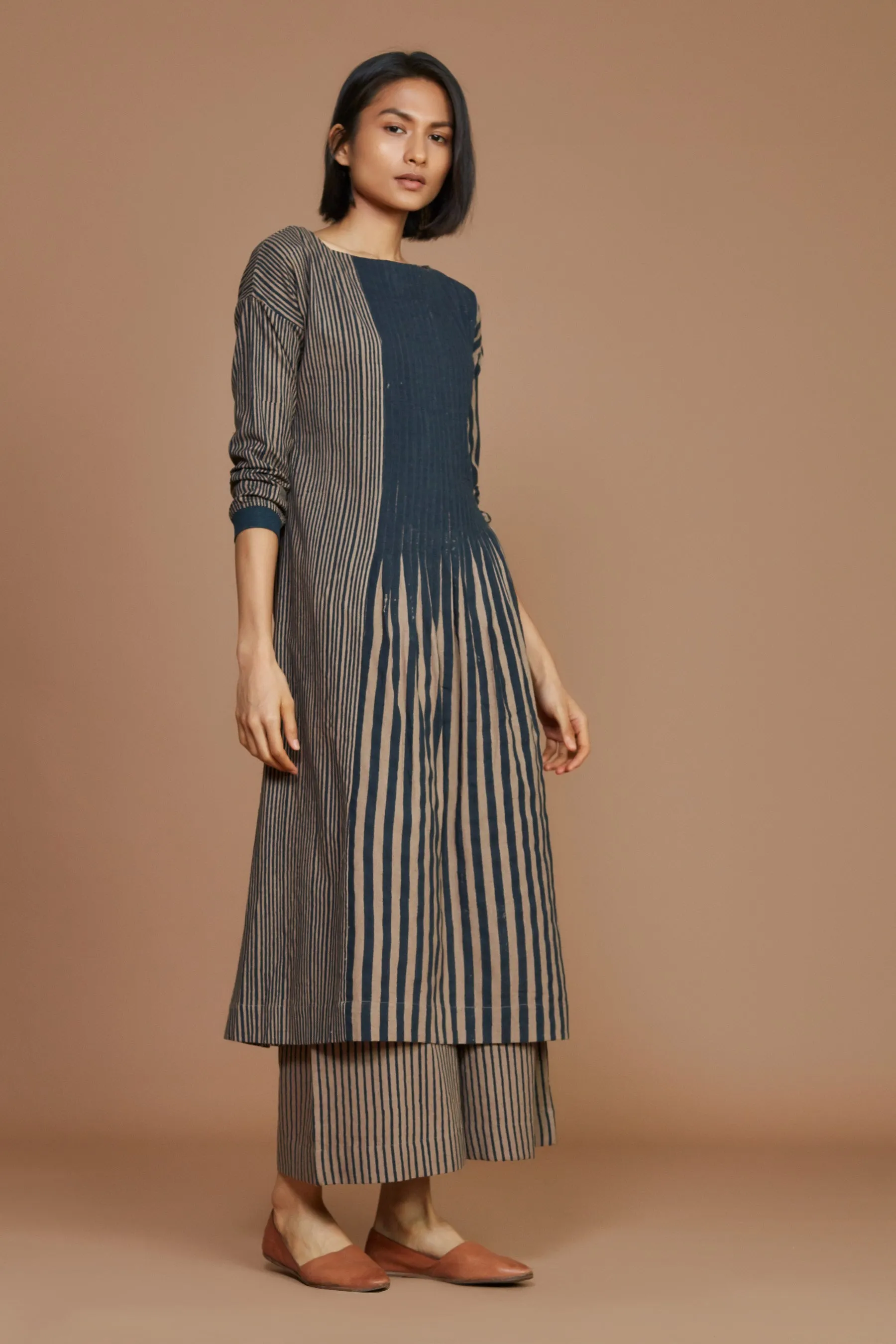 Brown with Charcoal Striped Pleated Dress