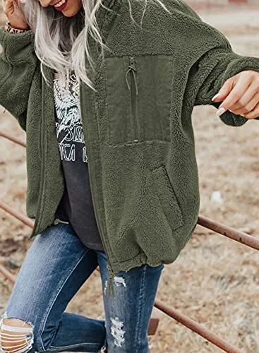 BTFBM Women Long Sleeve Full Zip Jackets Casual Solid Color Loose Fleece Short Teddy Coats Jacket Outerwear With Pockets(Solid Green, Large)