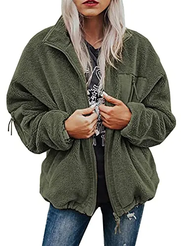 BTFBM Women Long Sleeve Full Zip Jackets Casual Solid Color Loose Fleece Short Teddy Coats Jacket Outerwear With Pockets(Solid Green, Large)