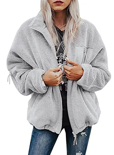 BTFBM Women Long Sleeve Full Zip Jackets Casual Solid Color Loose Fleece Short Teddy Coats Jacket Outerwear With Pockets(Solid Grey, Large)