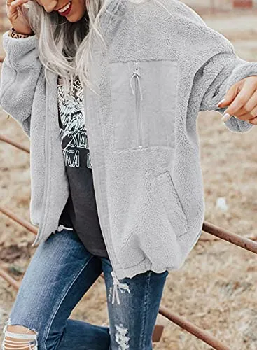 BTFBM Women Long Sleeve Full Zip Jackets Casual Solid Color Loose Fleece Short Teddy Coats Jacket Outerwear With Pockets(Solid Grey, Large)