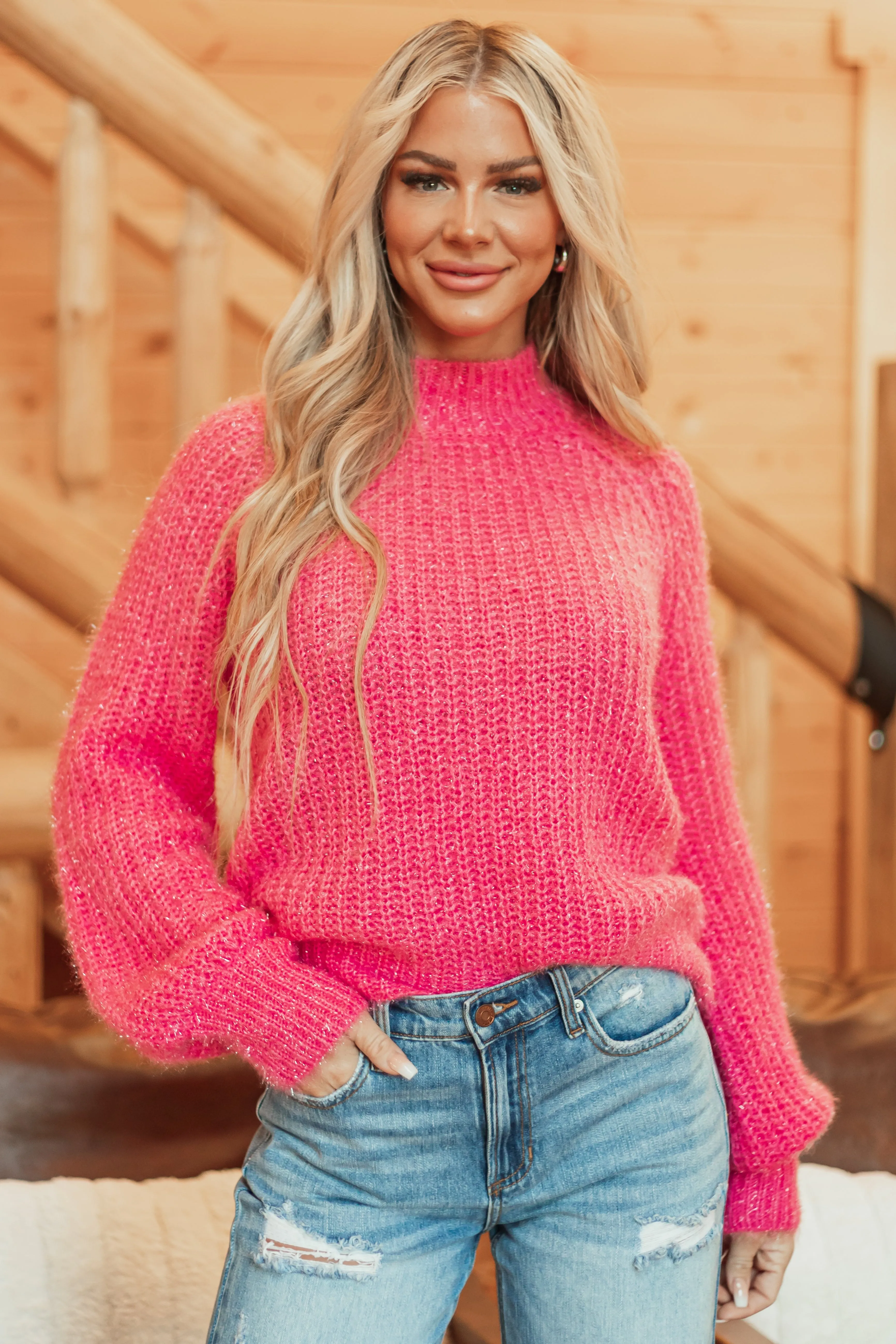 Bubblegum Tinsel Yarn Mock Neck Sweater