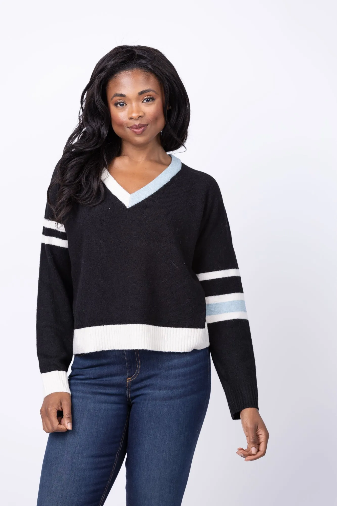 Central Park West Billie Varsity V-neck Sweater in Black Multi