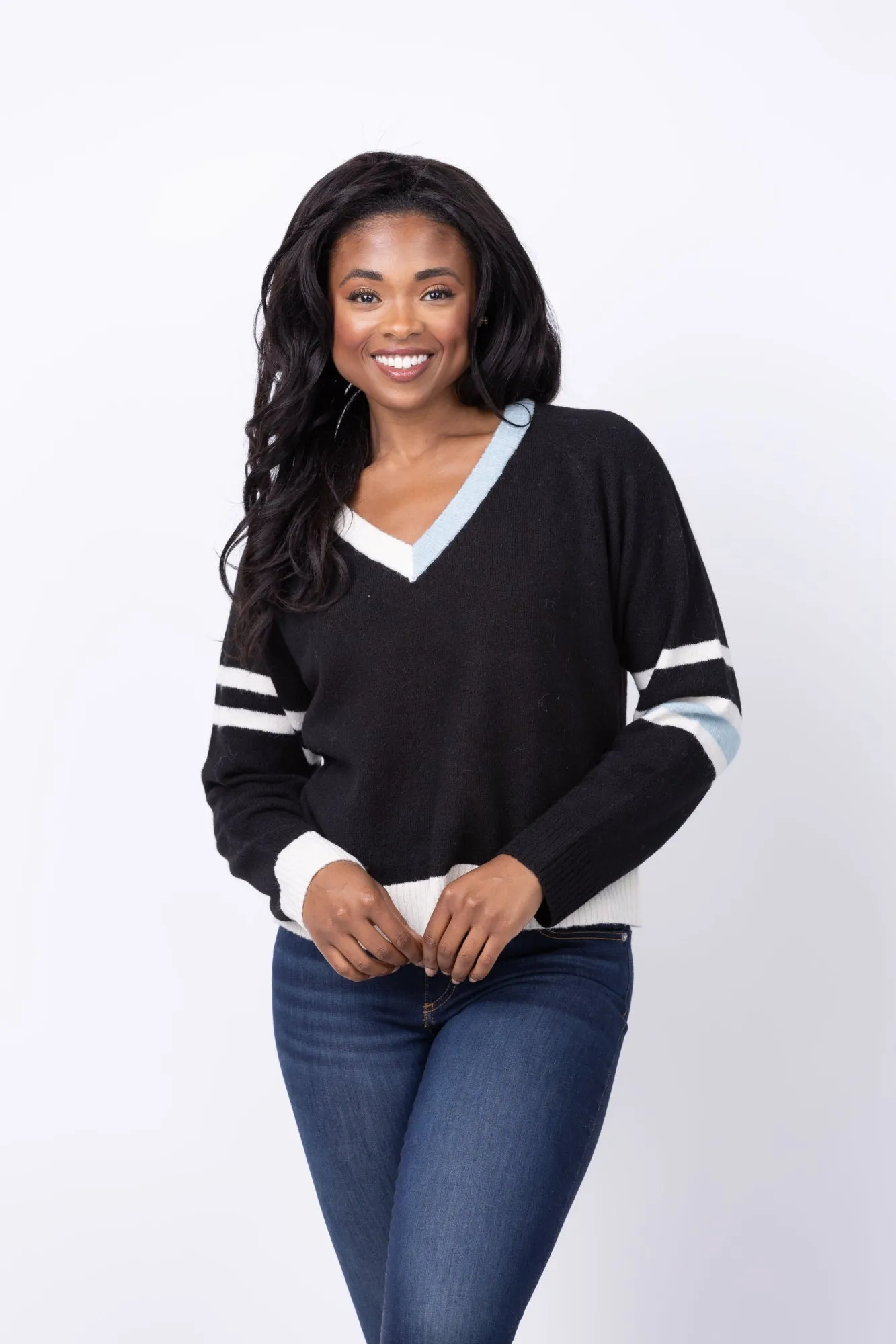 Central Park West Billie Varsity V-neck Sweater in Black Multi