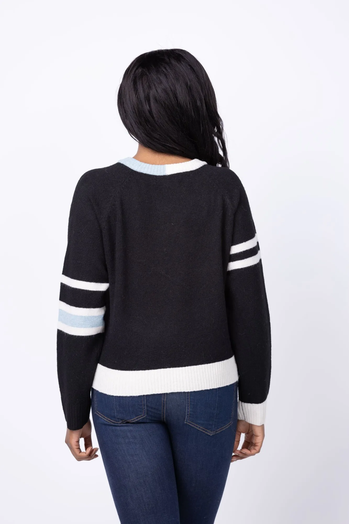 Central Park West Billie Varsity V-neck Sweater in Black Multi