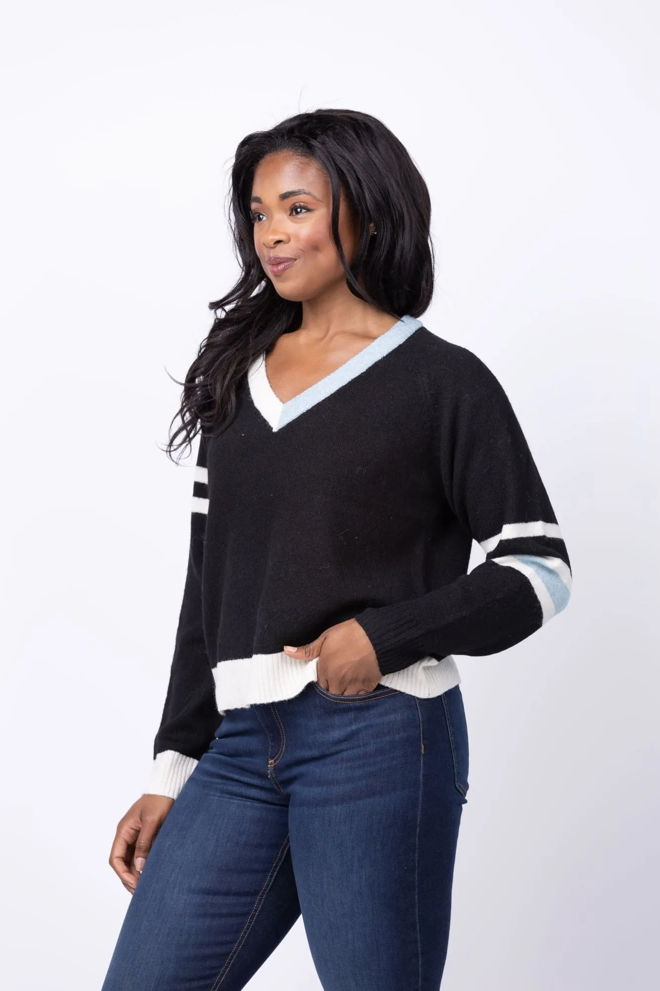 Central Park West Billie Varsity V-neck Sweater in Black Multi