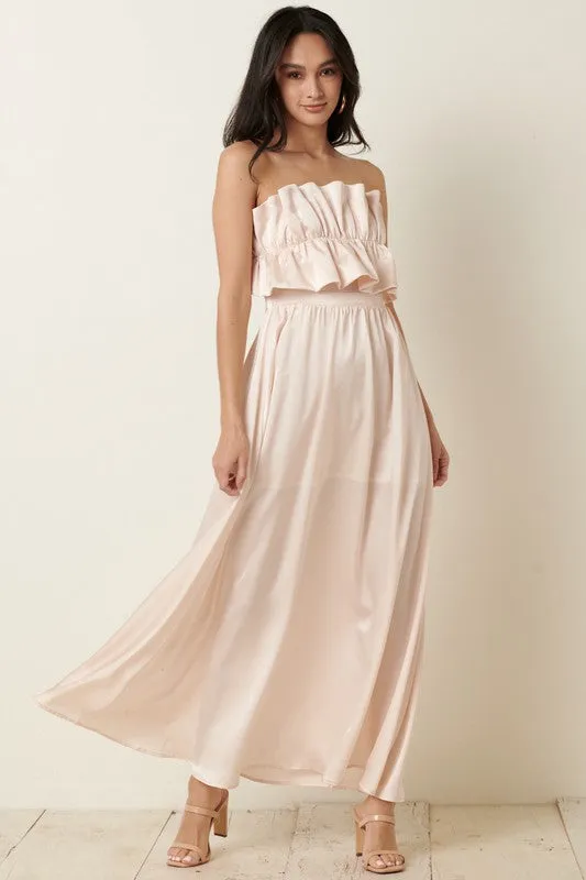 Champagne Satin Ruffle Bust With Tie Back Maxi Dress