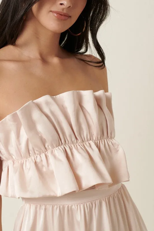 Champagne Satin Ruffle Bust With Tie Back Maxi Dress