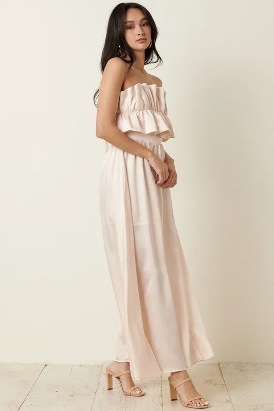 Champagne Satin Ruffle Bust With Tie Back Maxi Dress