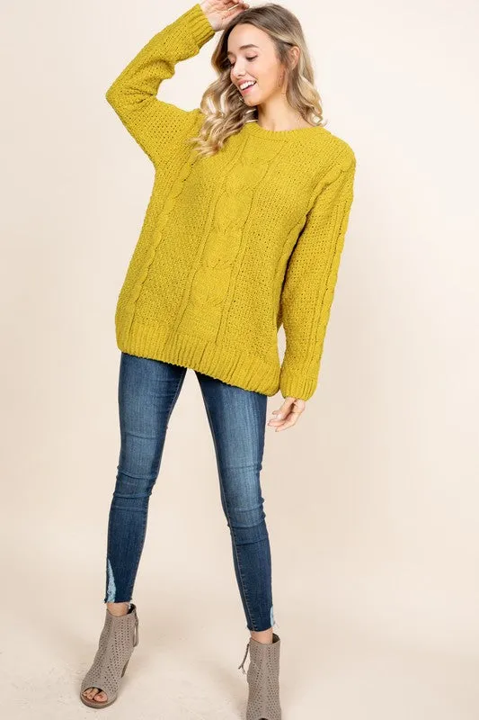 Chenille Cable Knit Sweater - mustard