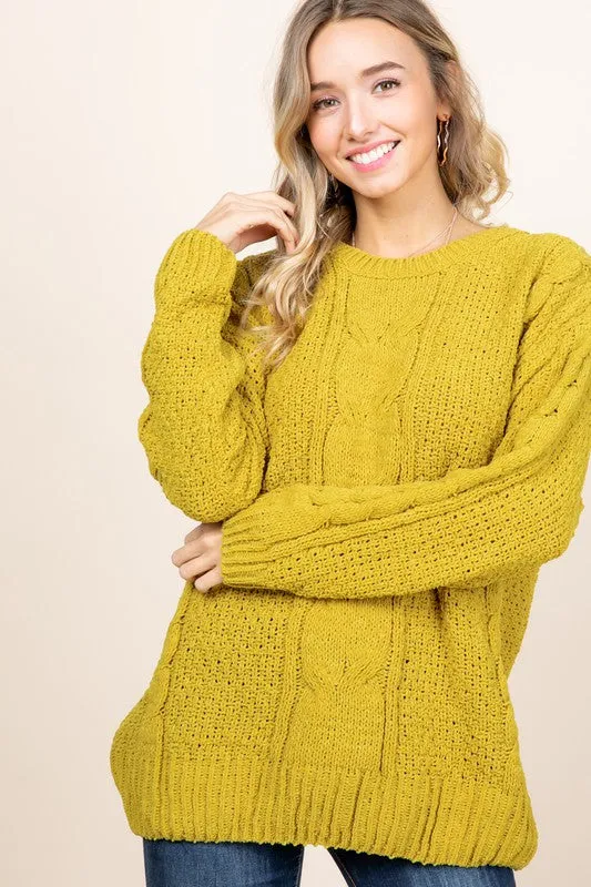 Chenille Cable Knit Sweater - mustard