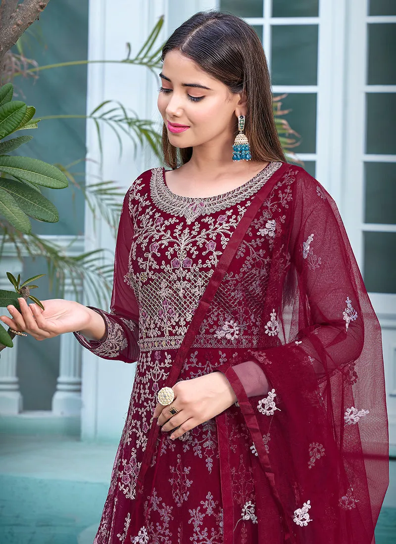 Cherry Red Embroidery Traditional Anarkali Suit