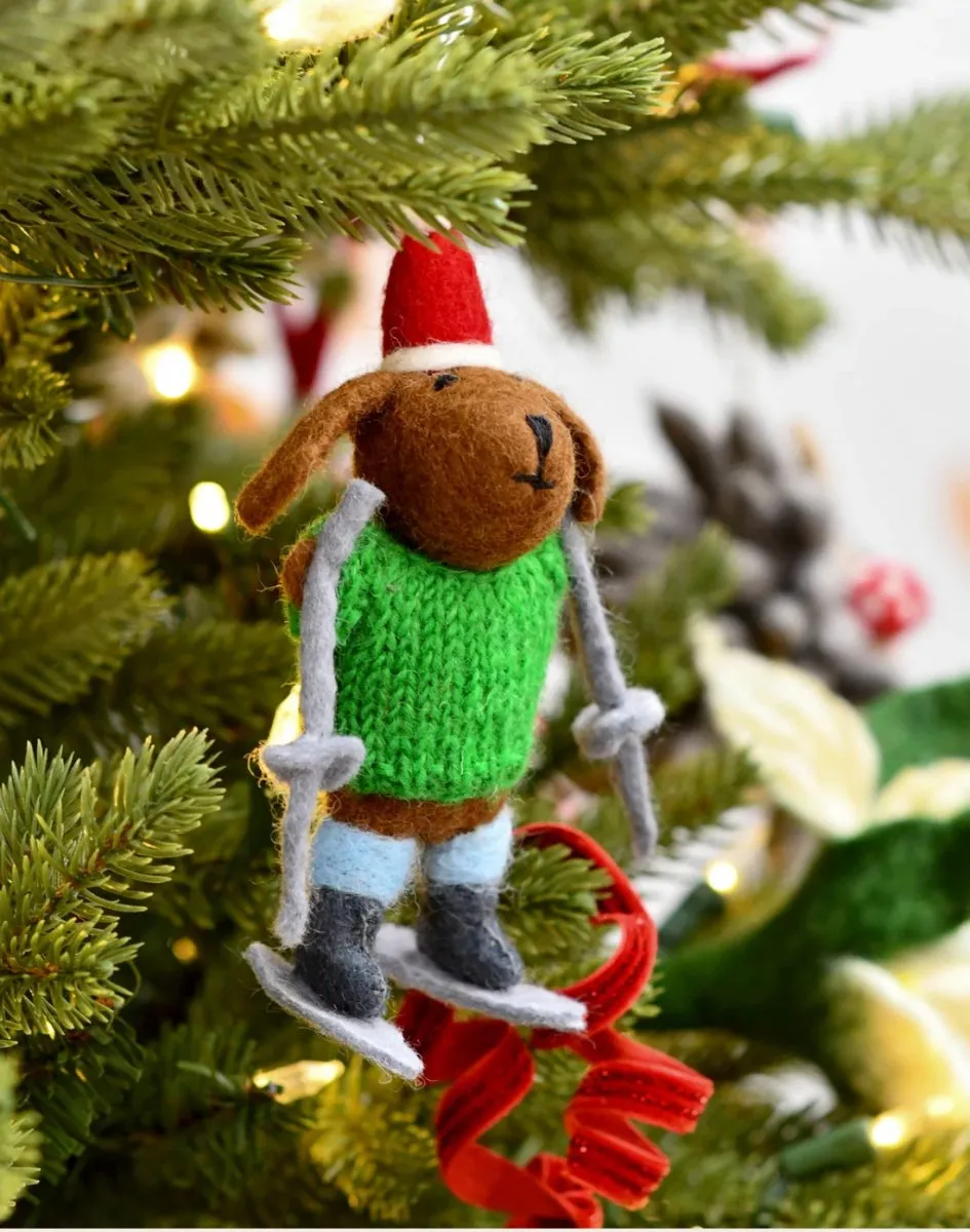 Christmas Ornament - Felt Dog with Knitted Sweater on Skis