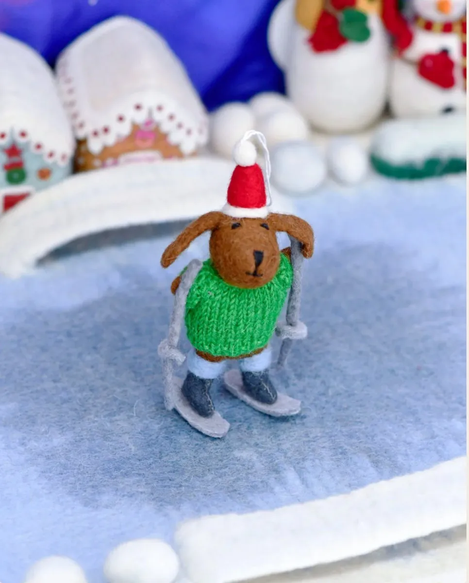 Christmas Ornament - Felt Dog with Knitted Sweater on Skis