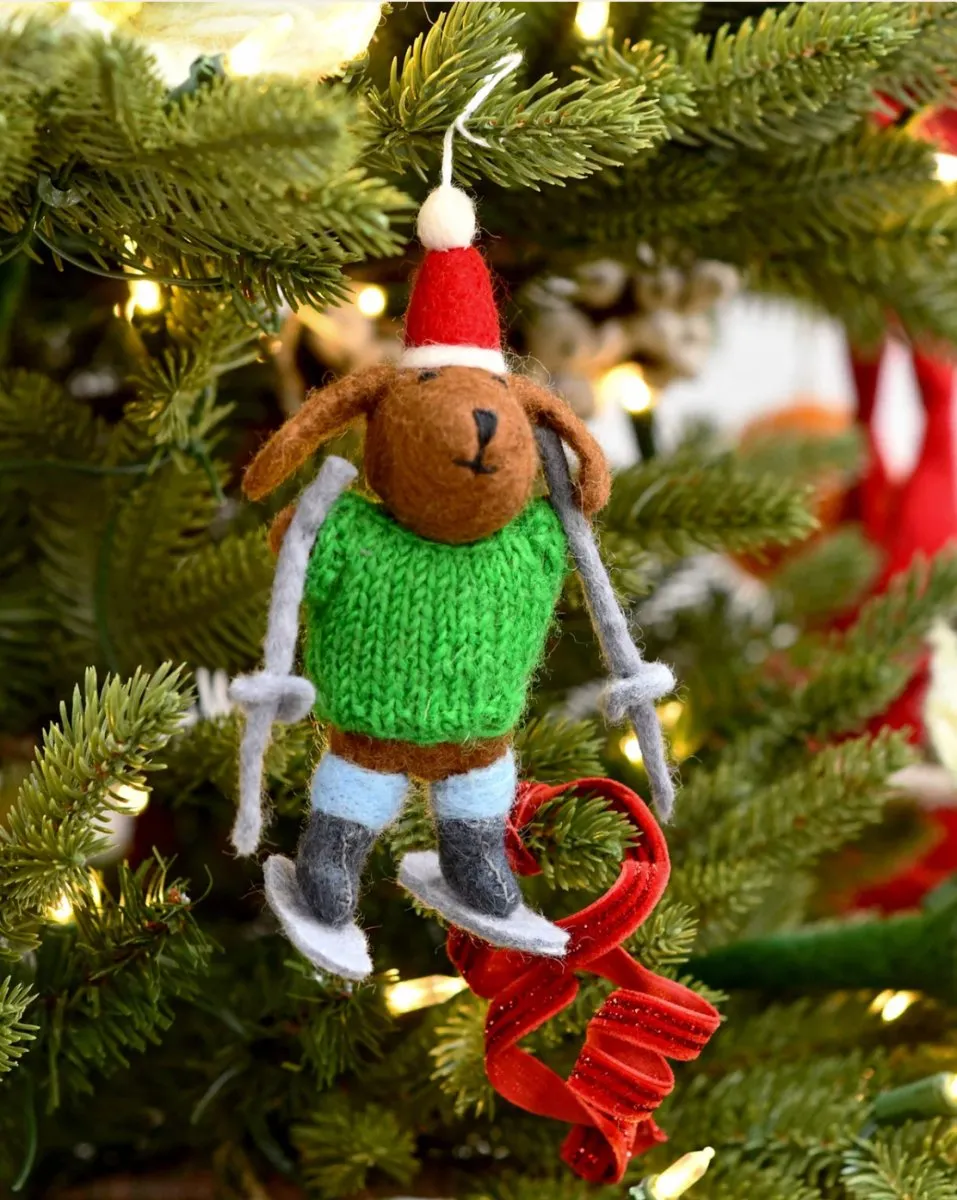 Christmas Ornament - Felt Dog with Knitted Sweater on Skis