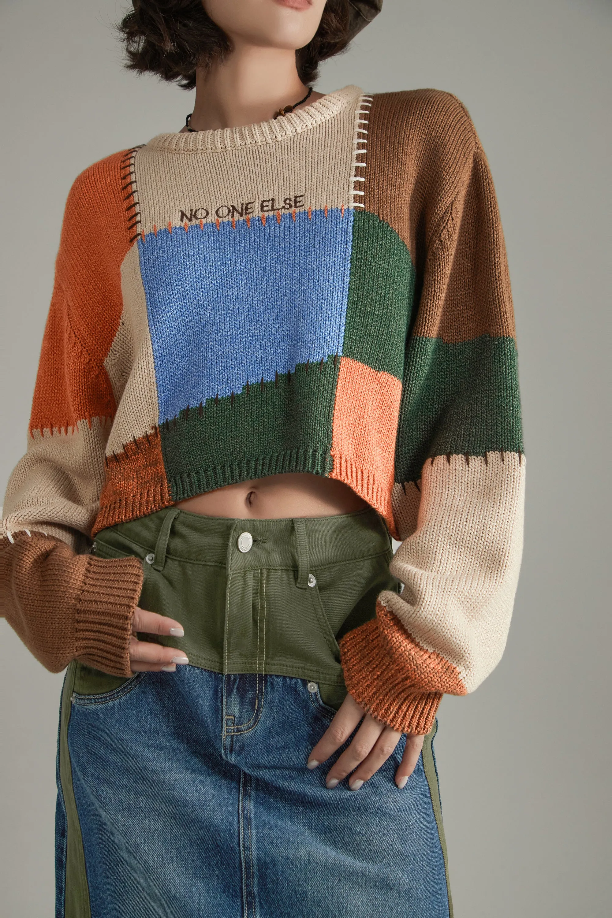 Color Patchwork Crop Knit Sweater