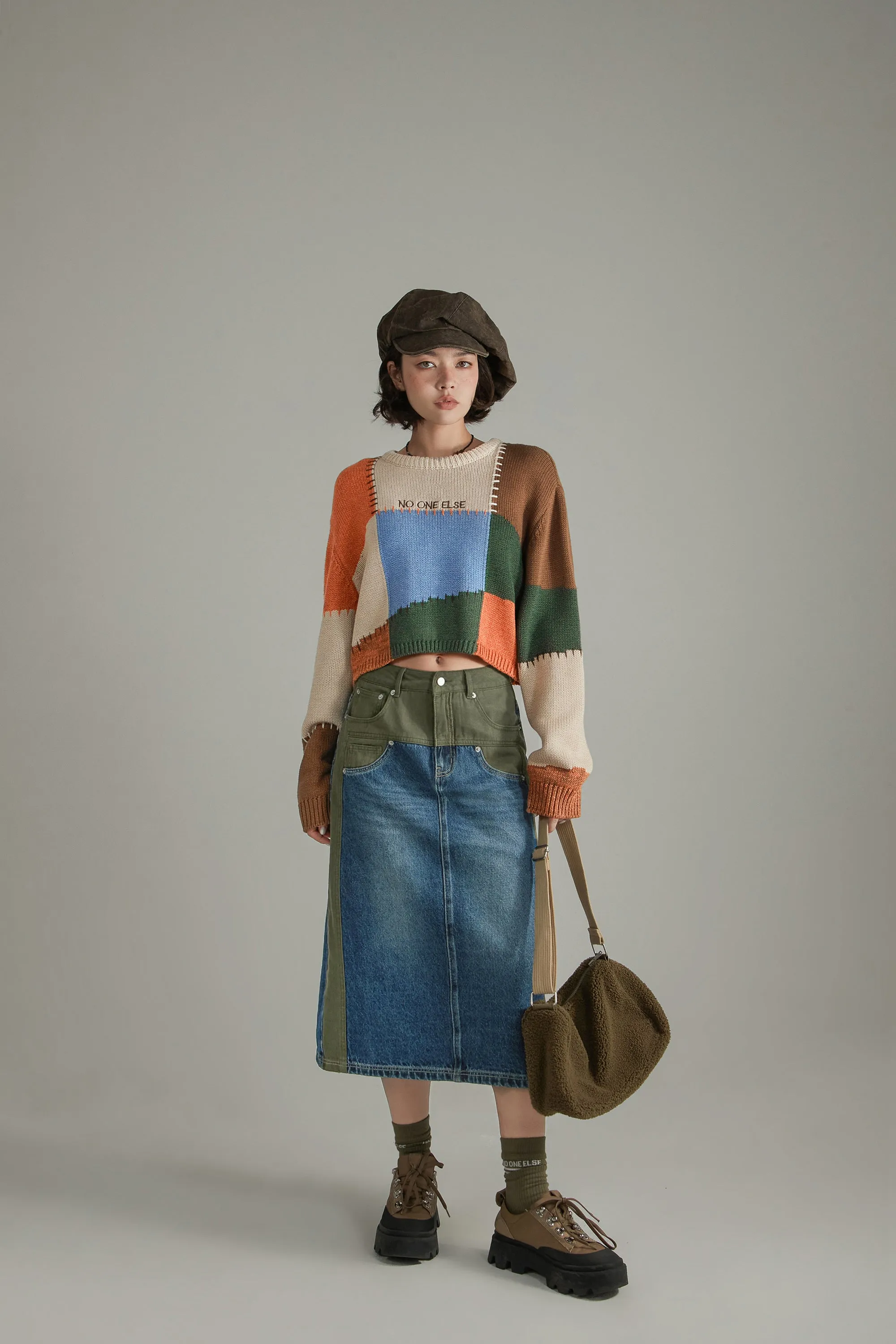 Color Patchwork Crop Knit Sweater