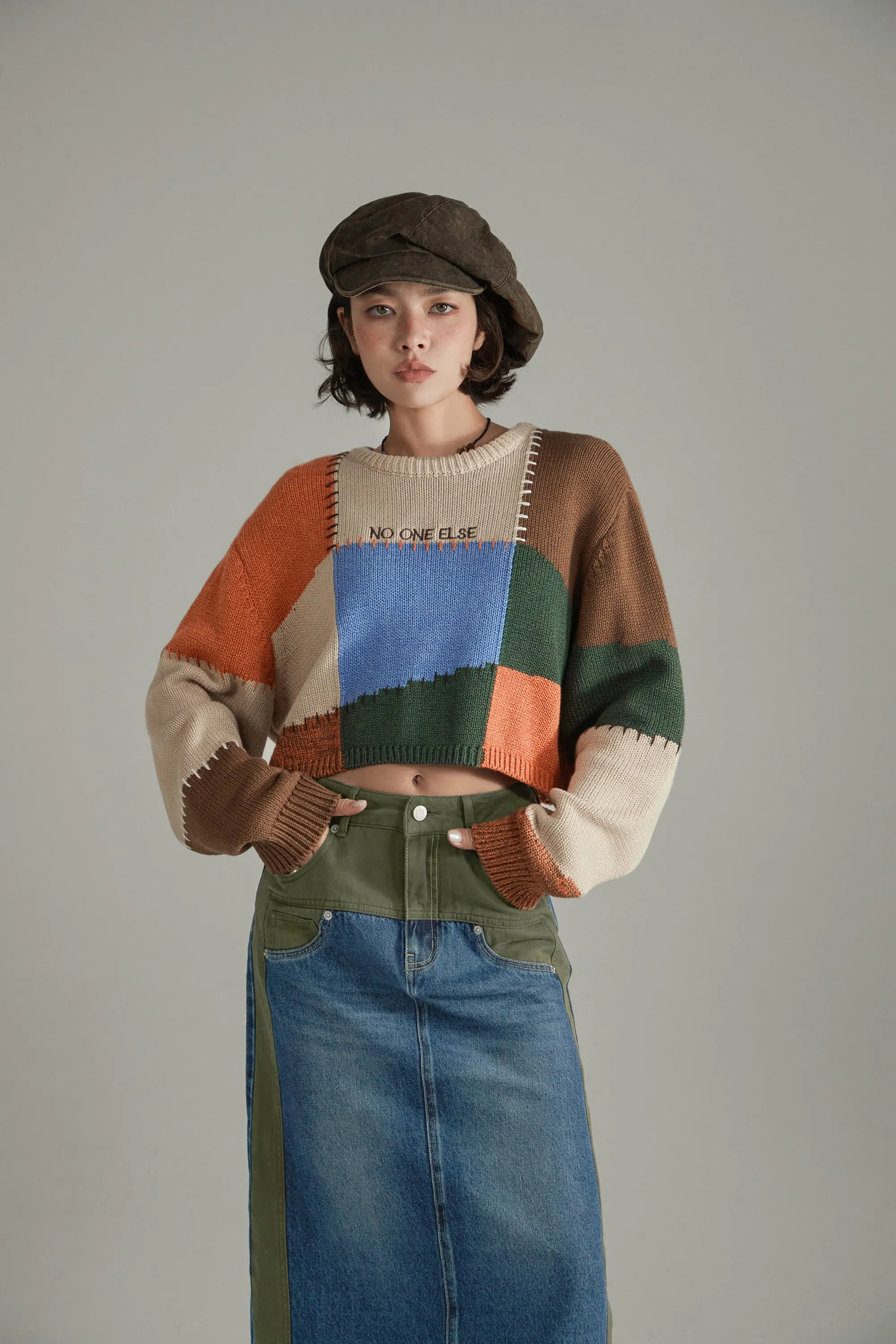 Color Patchwork Crop Knit Sweater