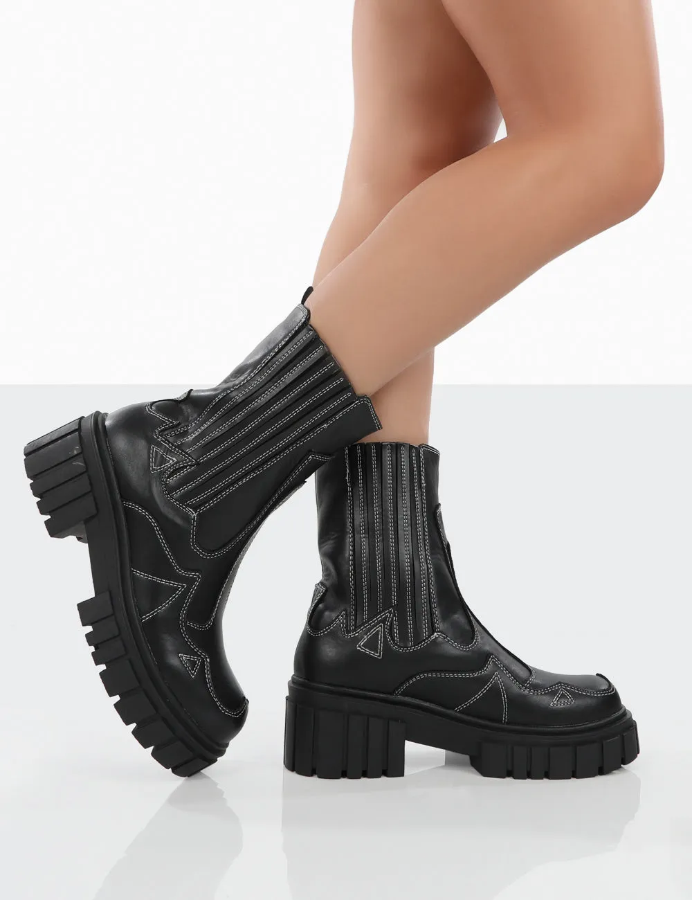 Consequence Black Drench Stitched Detail Platform Chunky Sole Ankle Boots