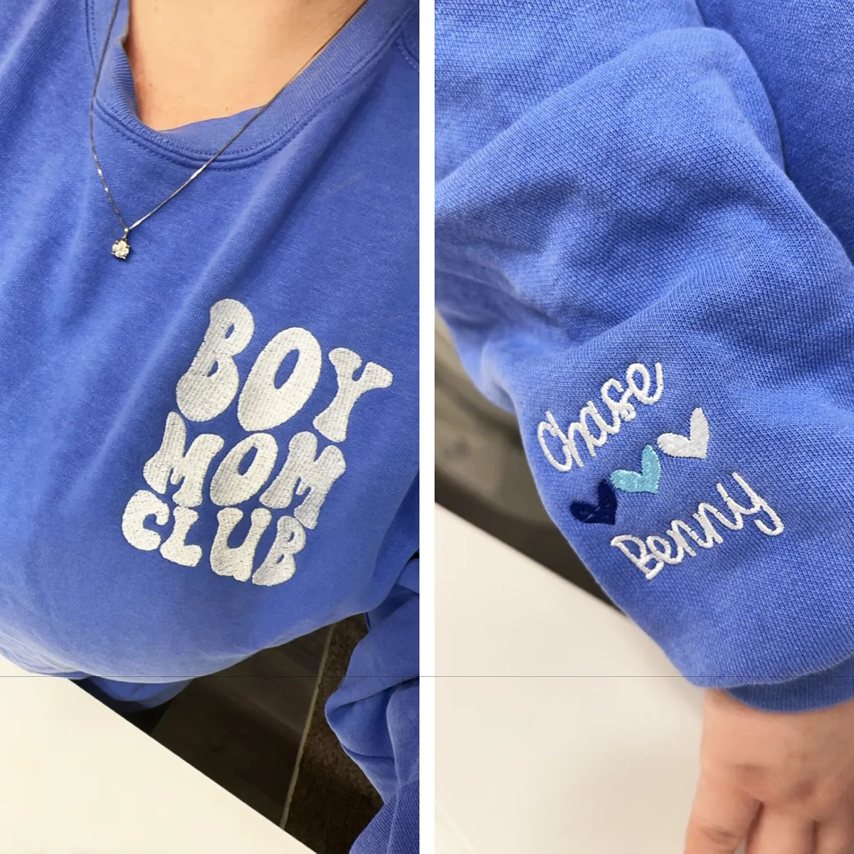 Cool Mom Club Sweatshirt or Hoodie with Embroidered Kids Names on Sleeve