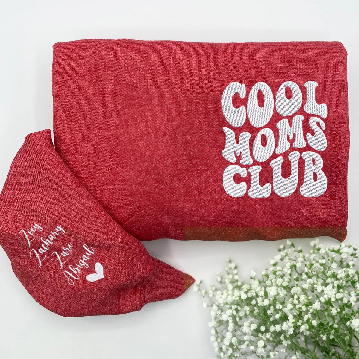 Cool Mom Club Sweatshirt or Hoodie with Embroidered Kids Names on Sleeve