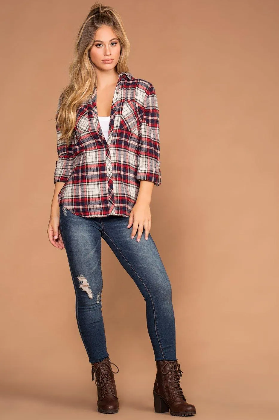 Cora Red Plaid Detachable Hoodie Top