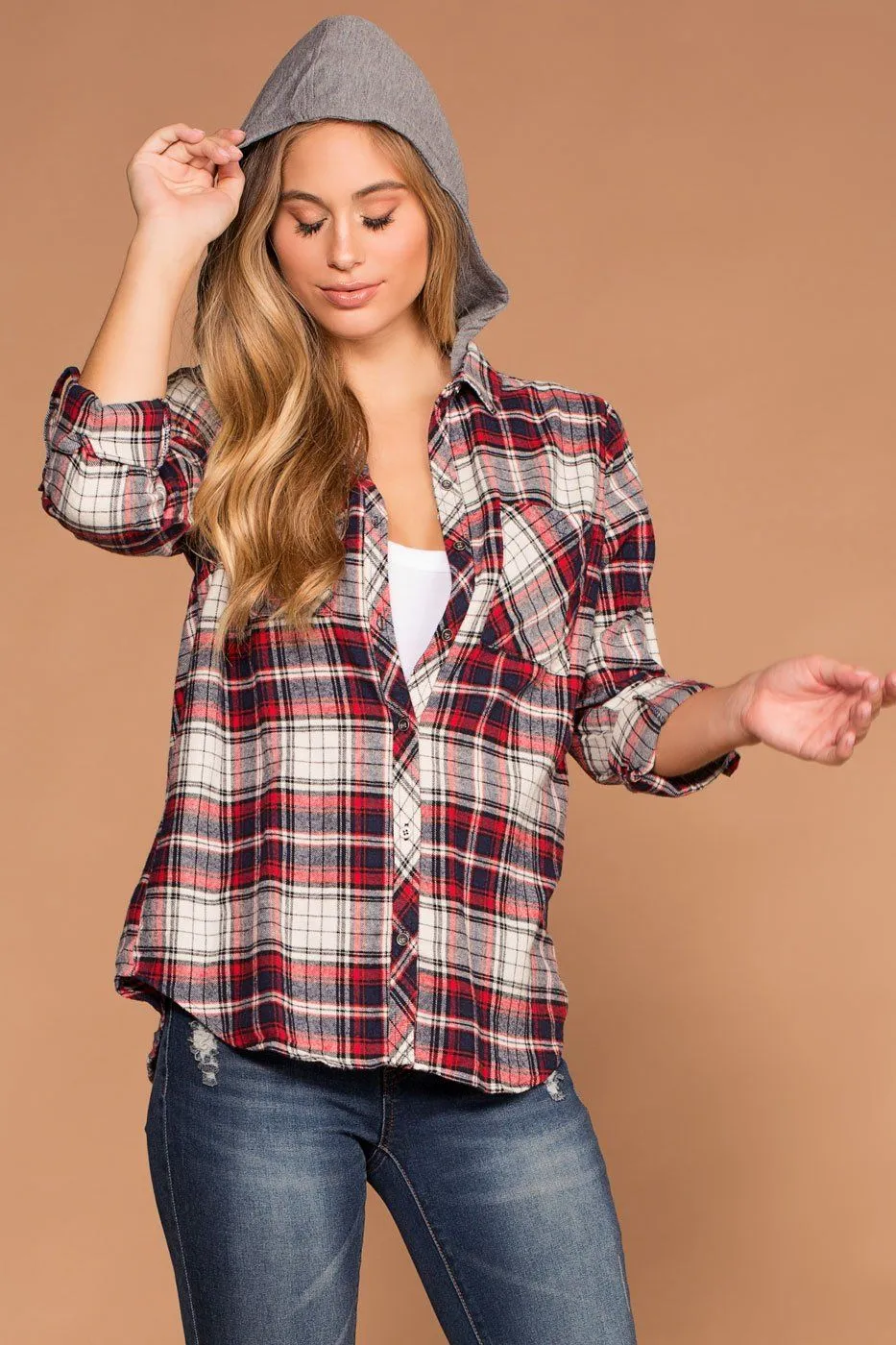 Cora Red Plaid Detachable Hoodie Top