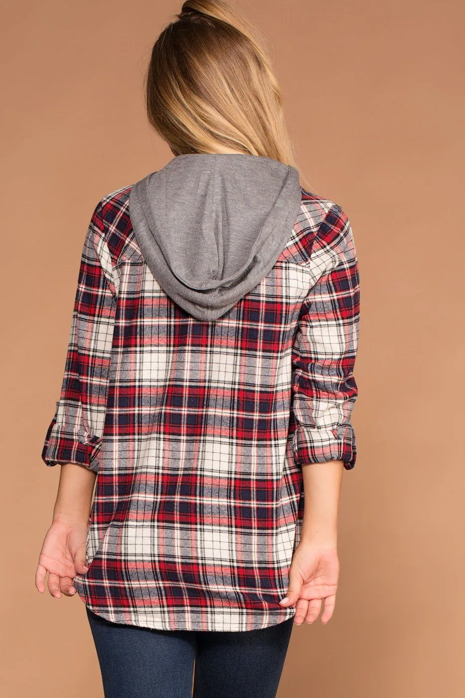 Cora Red Plaid Detachable Hoodie Top