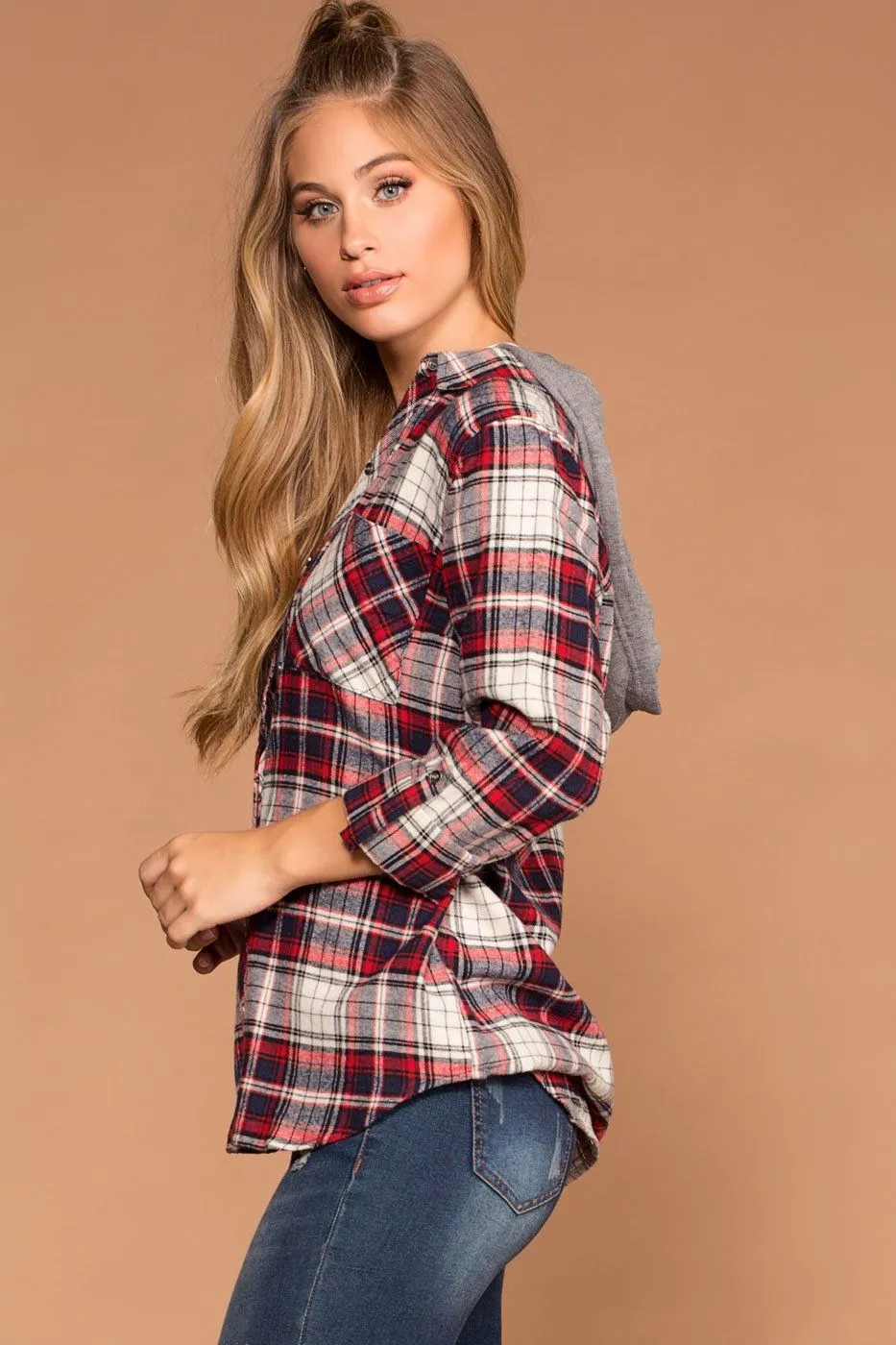 Cora Red Plaid Detachable Hoodie Top